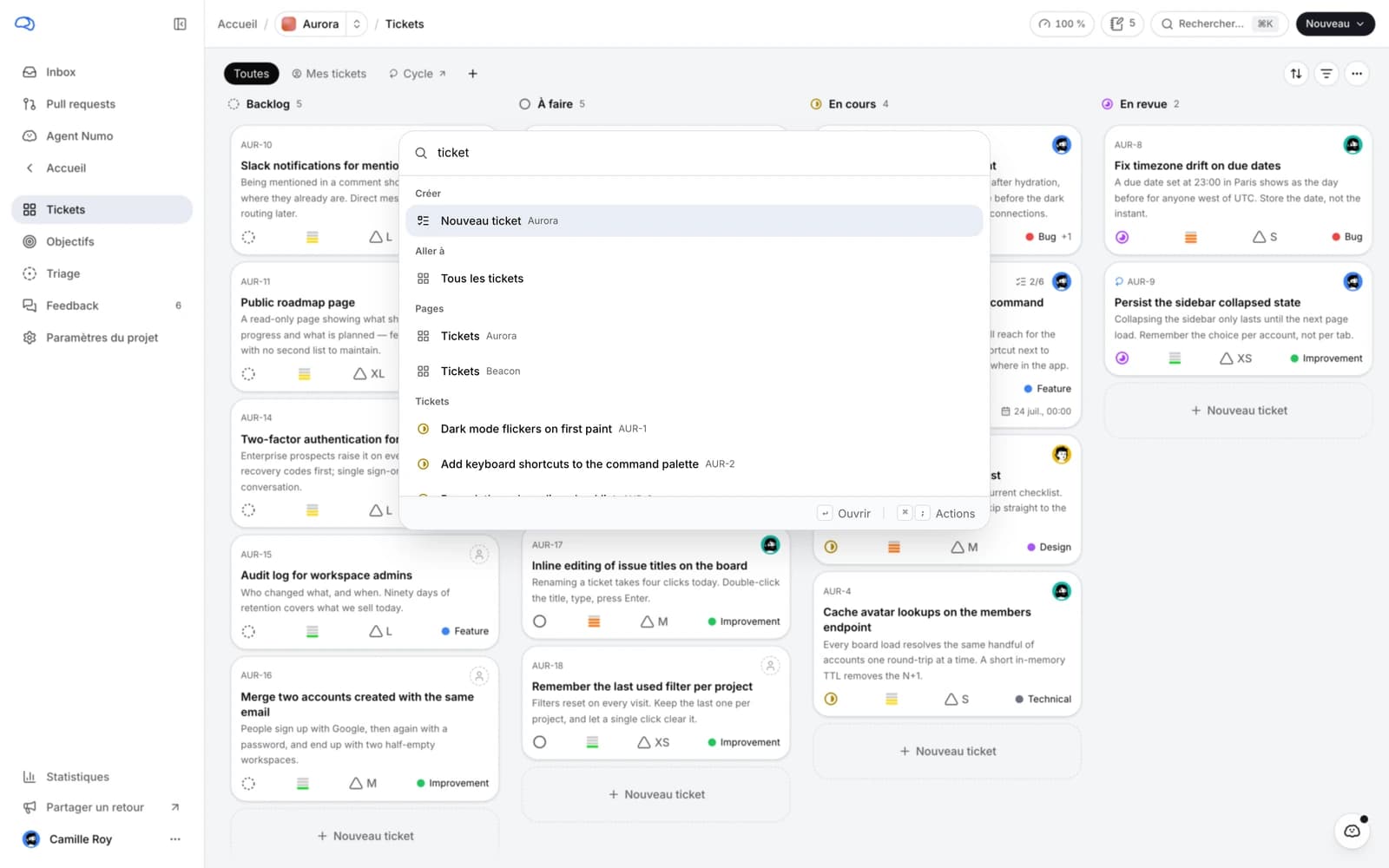 La palette de commandes ouverte sur une recherche qui remonte tickets et actions.