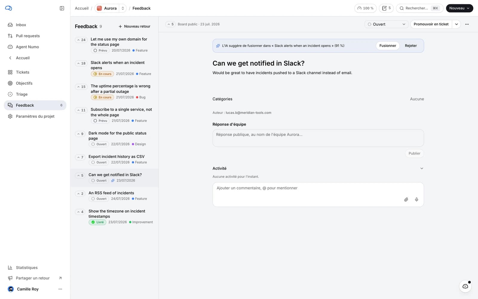 Une demande vue côté équipe, avec ses votes et l'action de promotion en ticket.