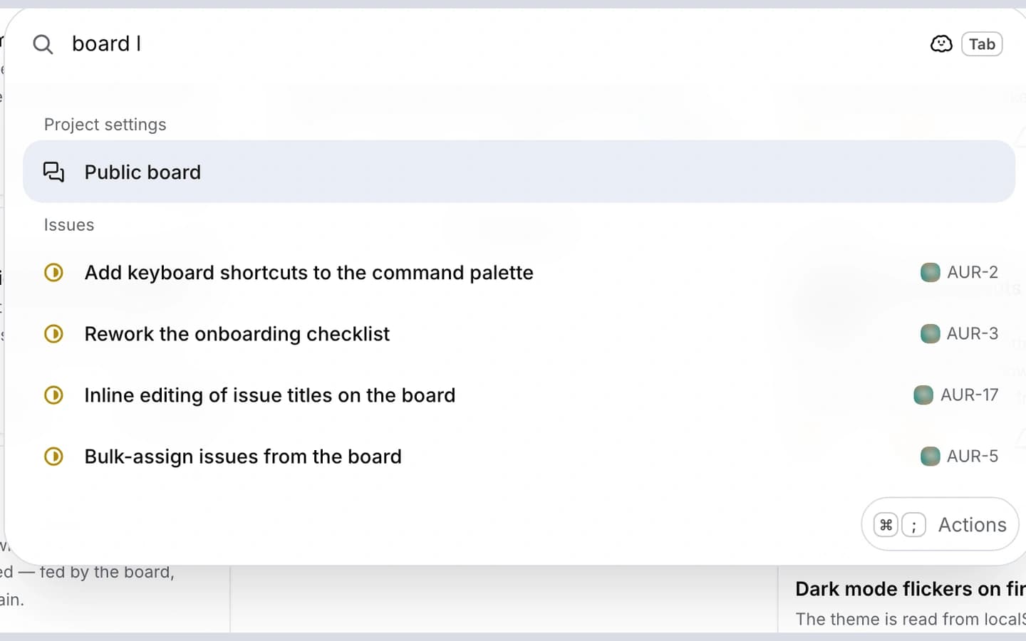 The keyboard command menu showing matching tasks and available actions.