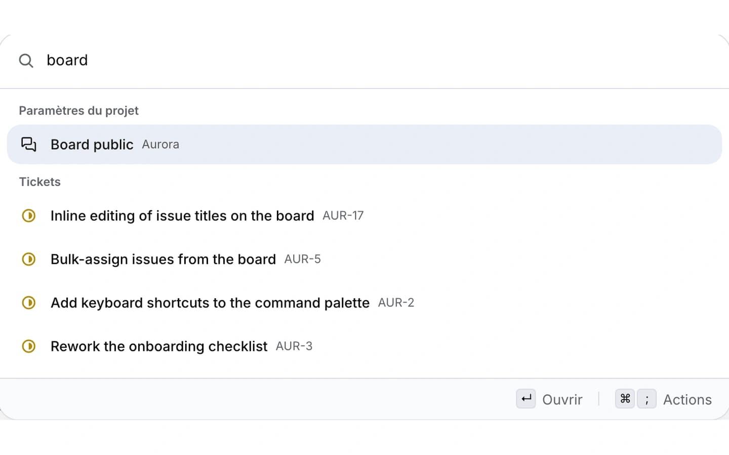 Le menu de commandes au clavier avec les tâches trouvées et les actions disponibles.