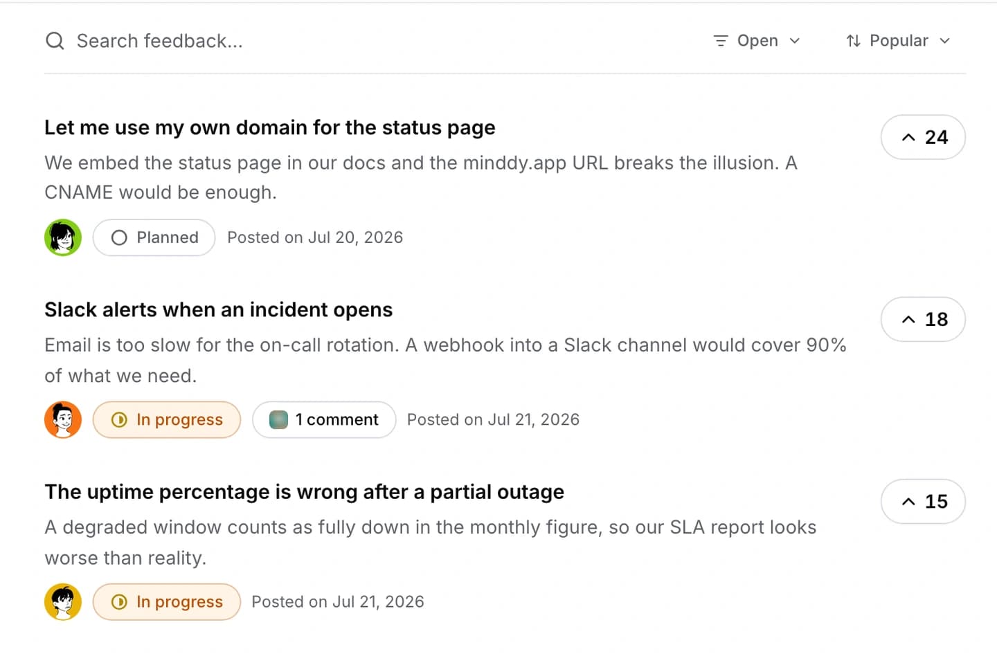 A public suggestions page showing ideas, vote counts, statuses, and categories.