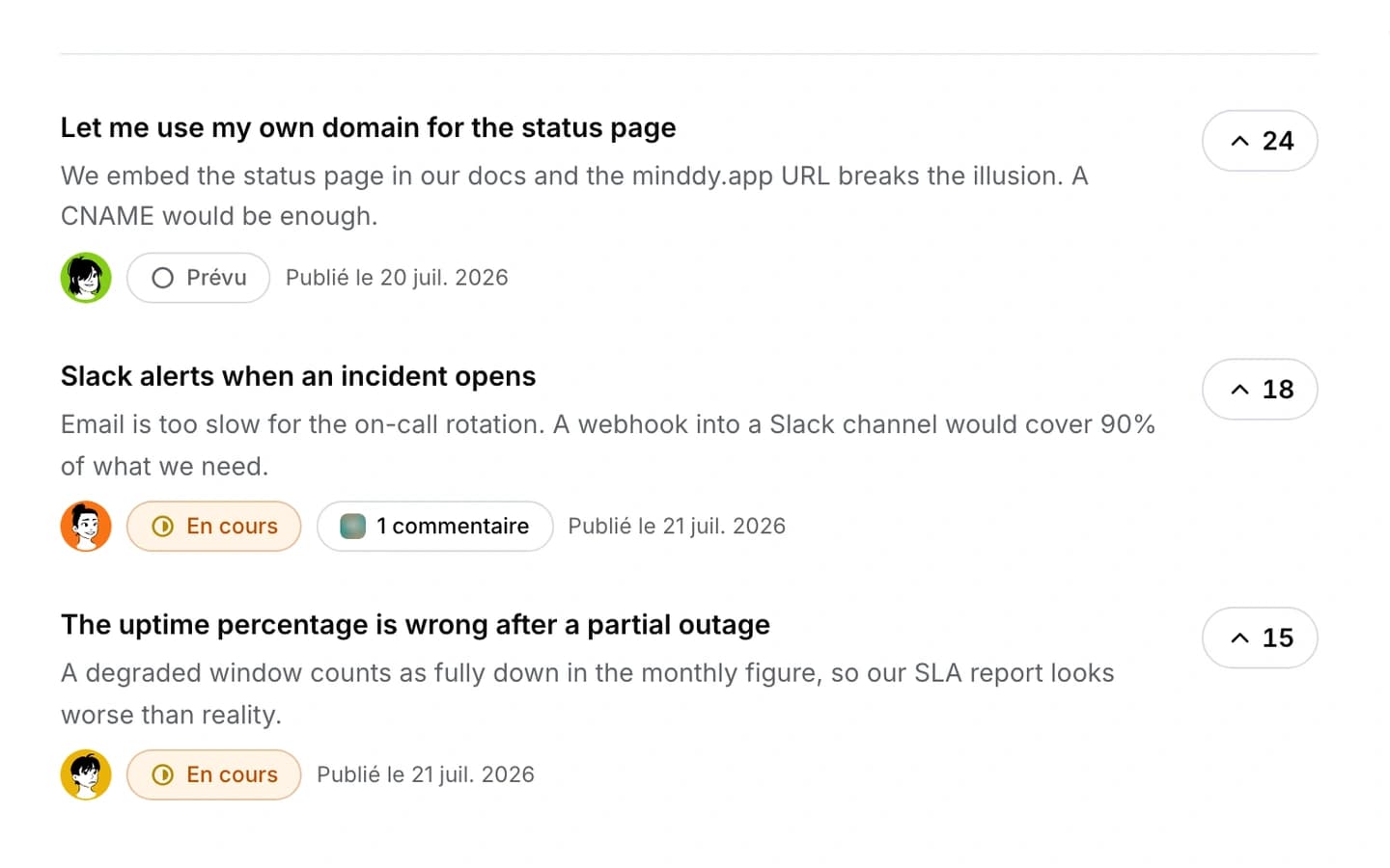Une page publique de suggestions avec les idées, le nombre de votes, les statuts et les catégories.