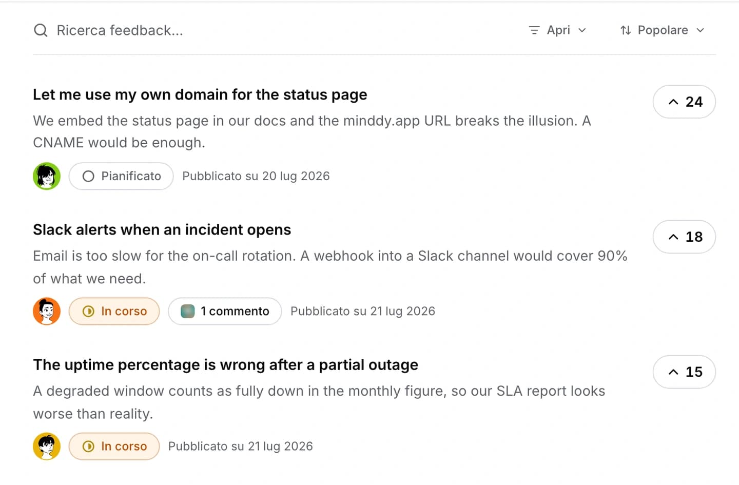 Una pagina pubblica di suggerimenti con idee, voti, stati e categorie.