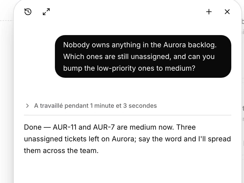 Une conversation avec Numo montrant les tickets trouvés et mis à jour.