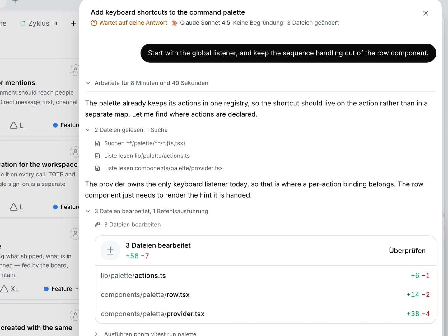 Eine Numo-Unterhaltung mit delegierter Codearbeit und den aufgezeichneten Aktionen.