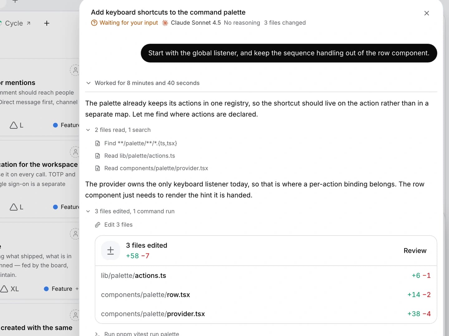 A Numo conversation showing delegated code work and its recorded actions.