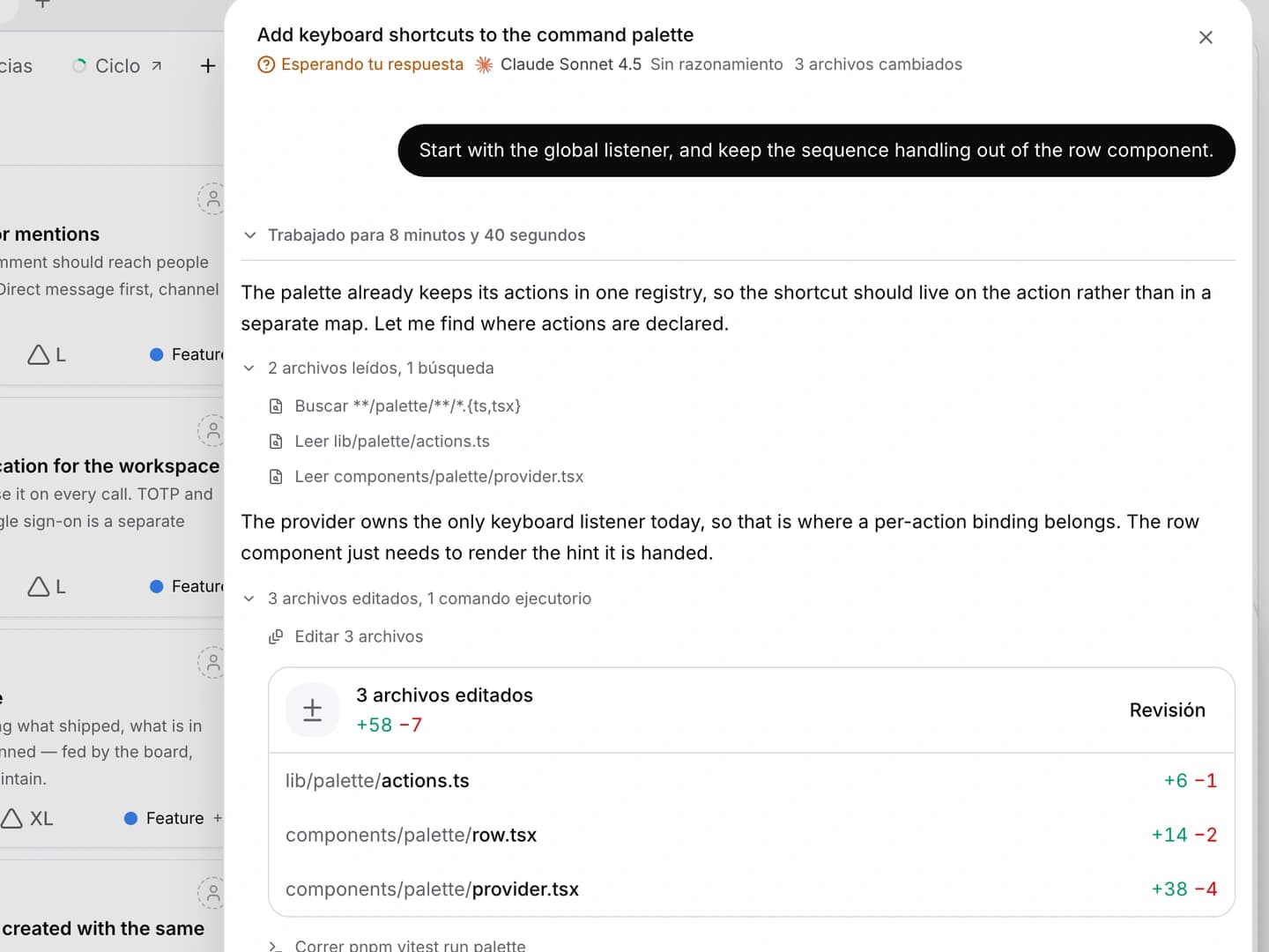 Una conversación con Numo que muestra el trabajo de código delegado y las acciones registradas.