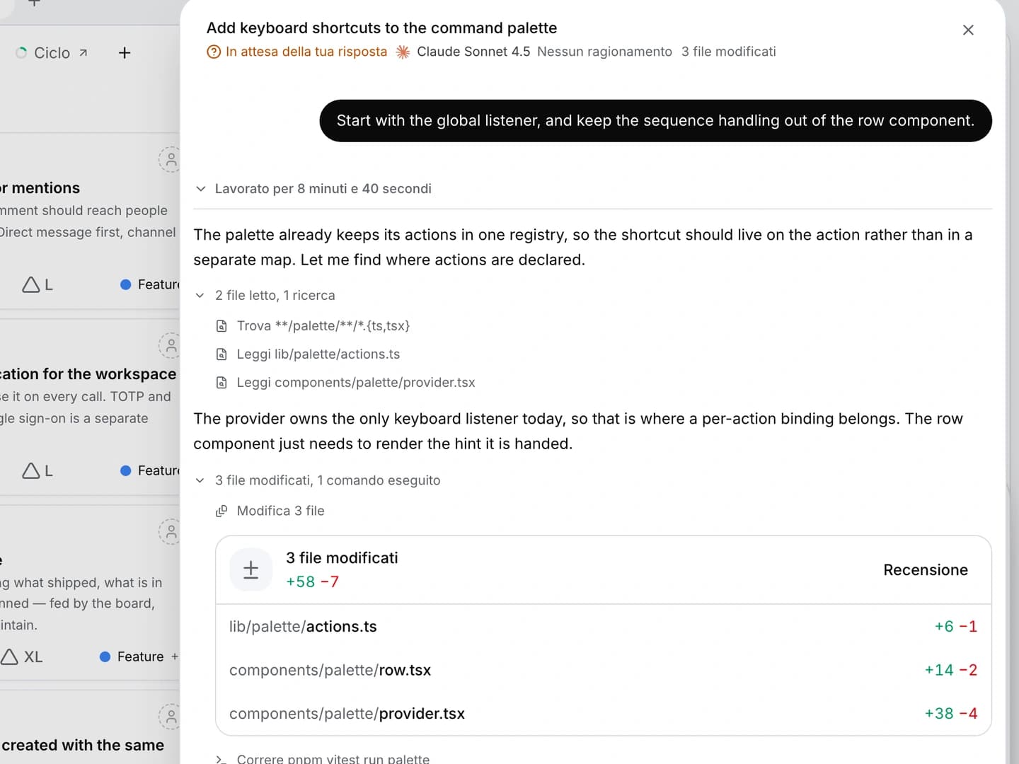 Una conversazione con Numo che mostra il lavoro sul codice delegato e le azioni registrate.