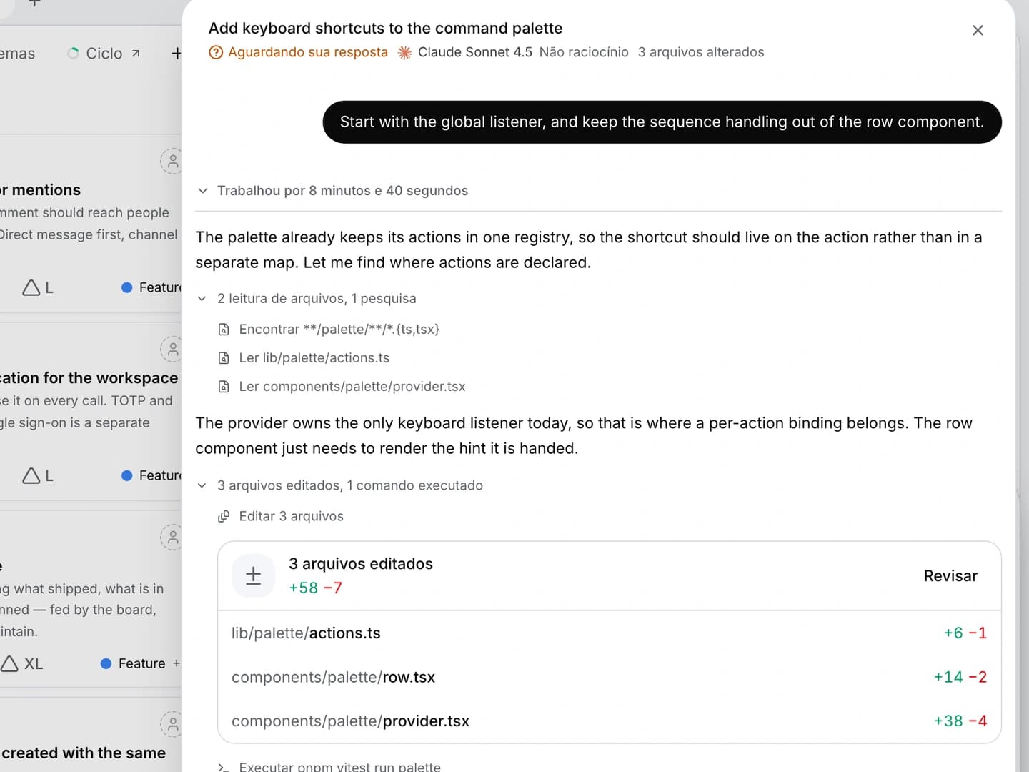 Uma conversa com o Numo mostrando o trabalho de código delegado e as ações registradas.