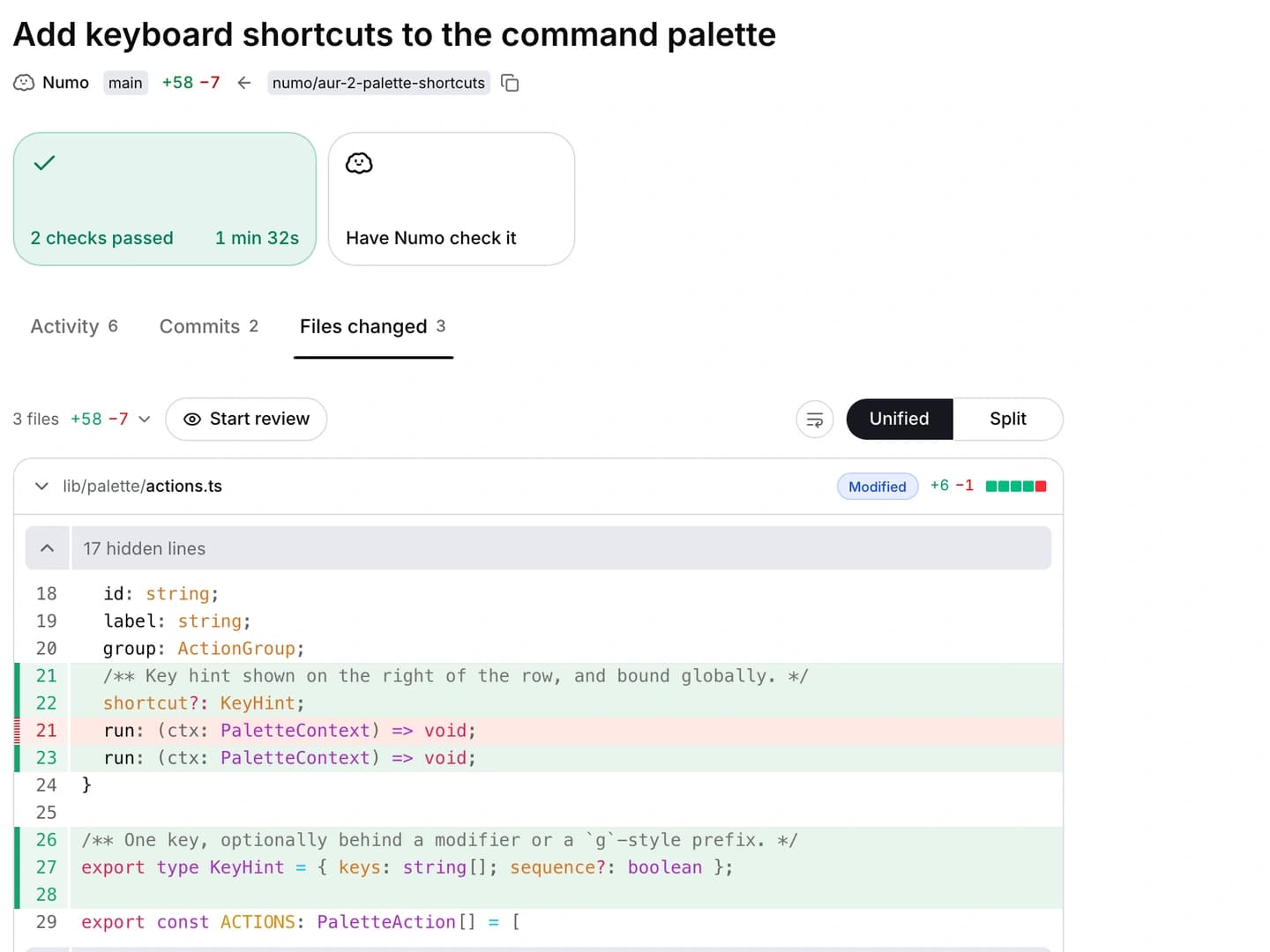 Code changes proposed by Numo, displayed file by file for review.
