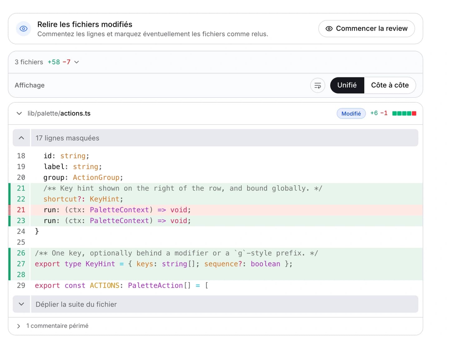 Les modifications de code proposées par l’agent, présentées fichier par fichier pour vérification.