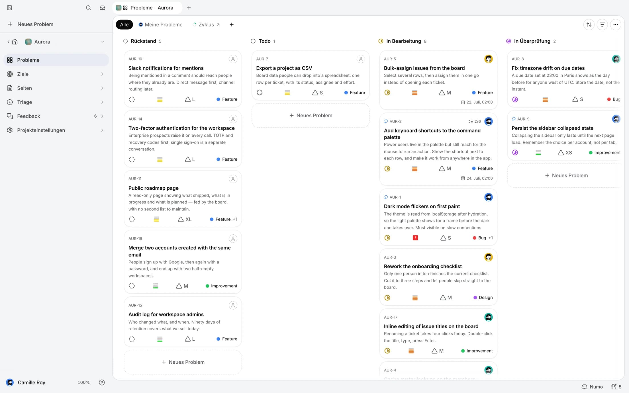 Ein minddy-Projektboard mit Aufgaben nach Status, Prioritäten, zuständigen Personen und Agentenaktivität.