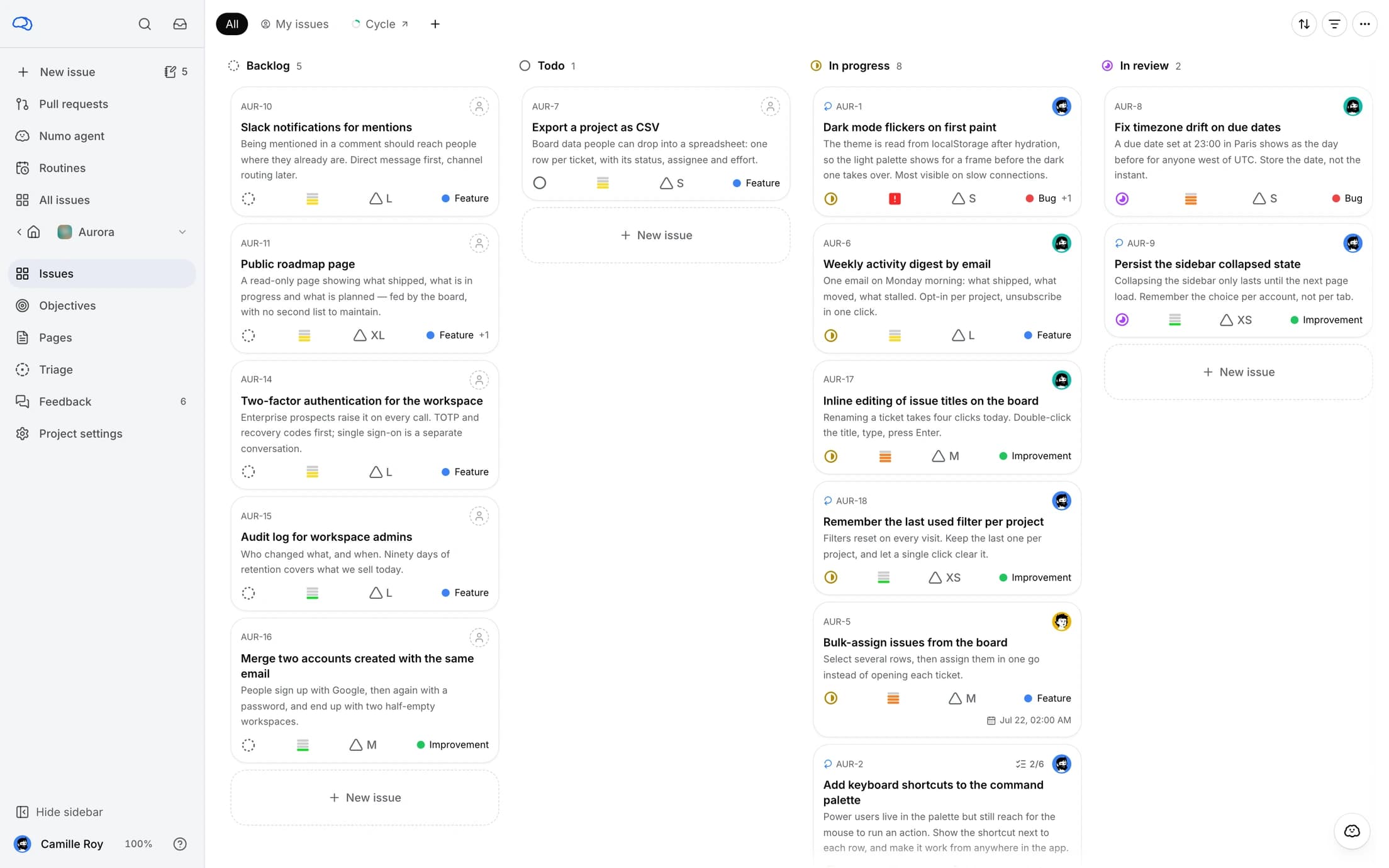 A minddy project board with tasks grouped by status, showing priorities, assignees, and agent activity.