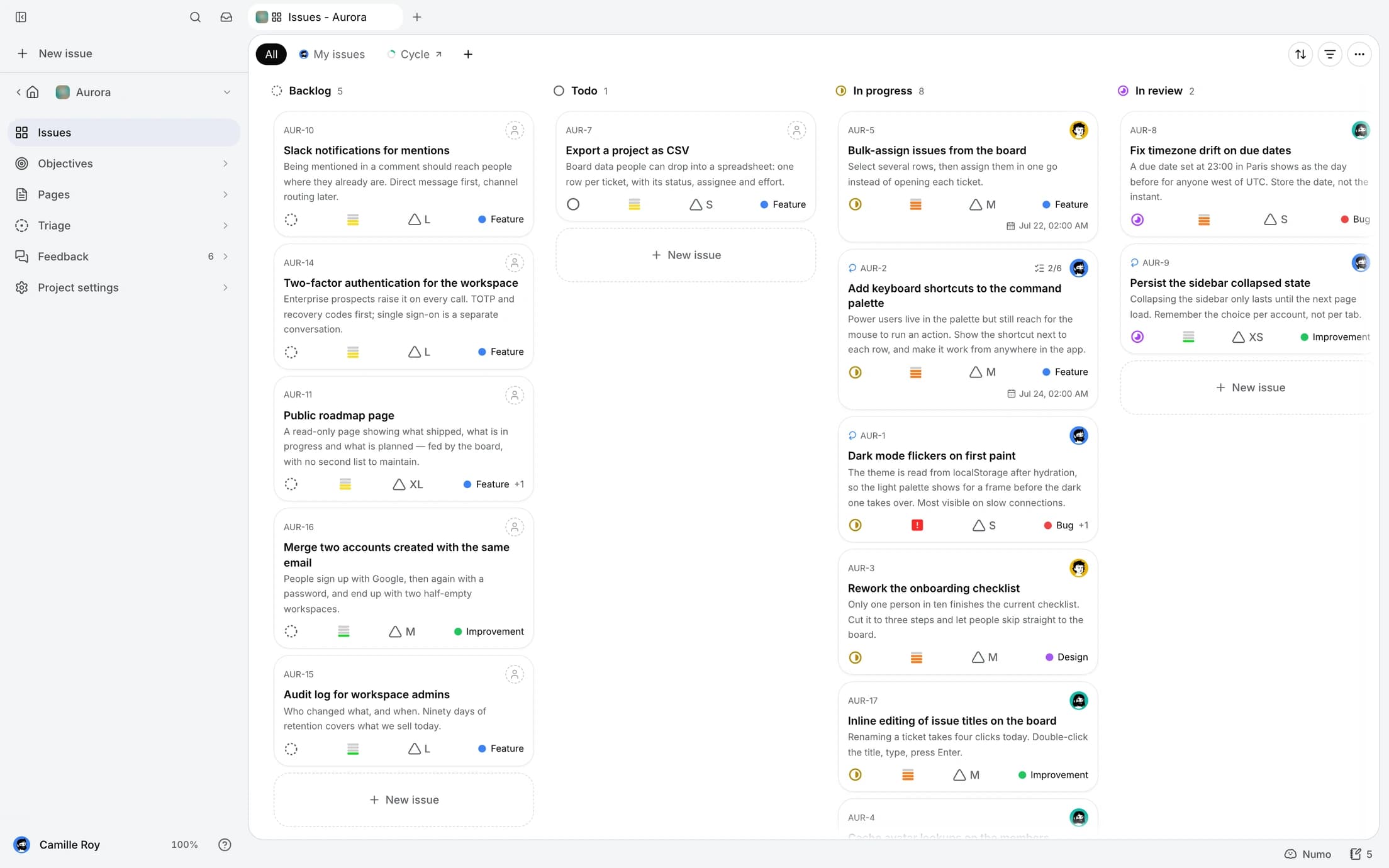 A minddy project board with tasks grouped by status, showing priorities, assignees, and agent activity.