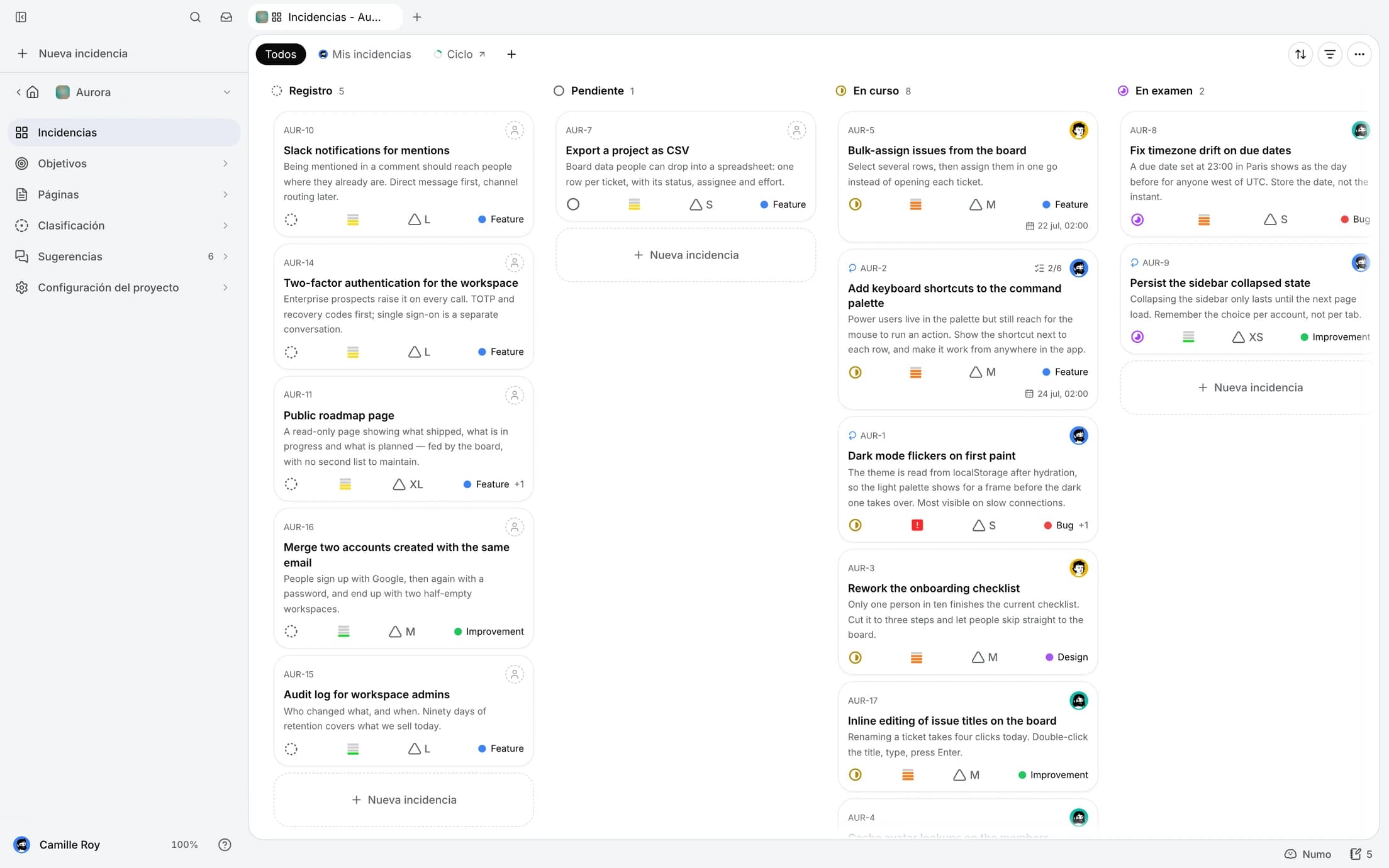 Un tablero de proyecto minddy con tareas agrupadas por estado, sus prioridades, responsables y actividad de los agentes.