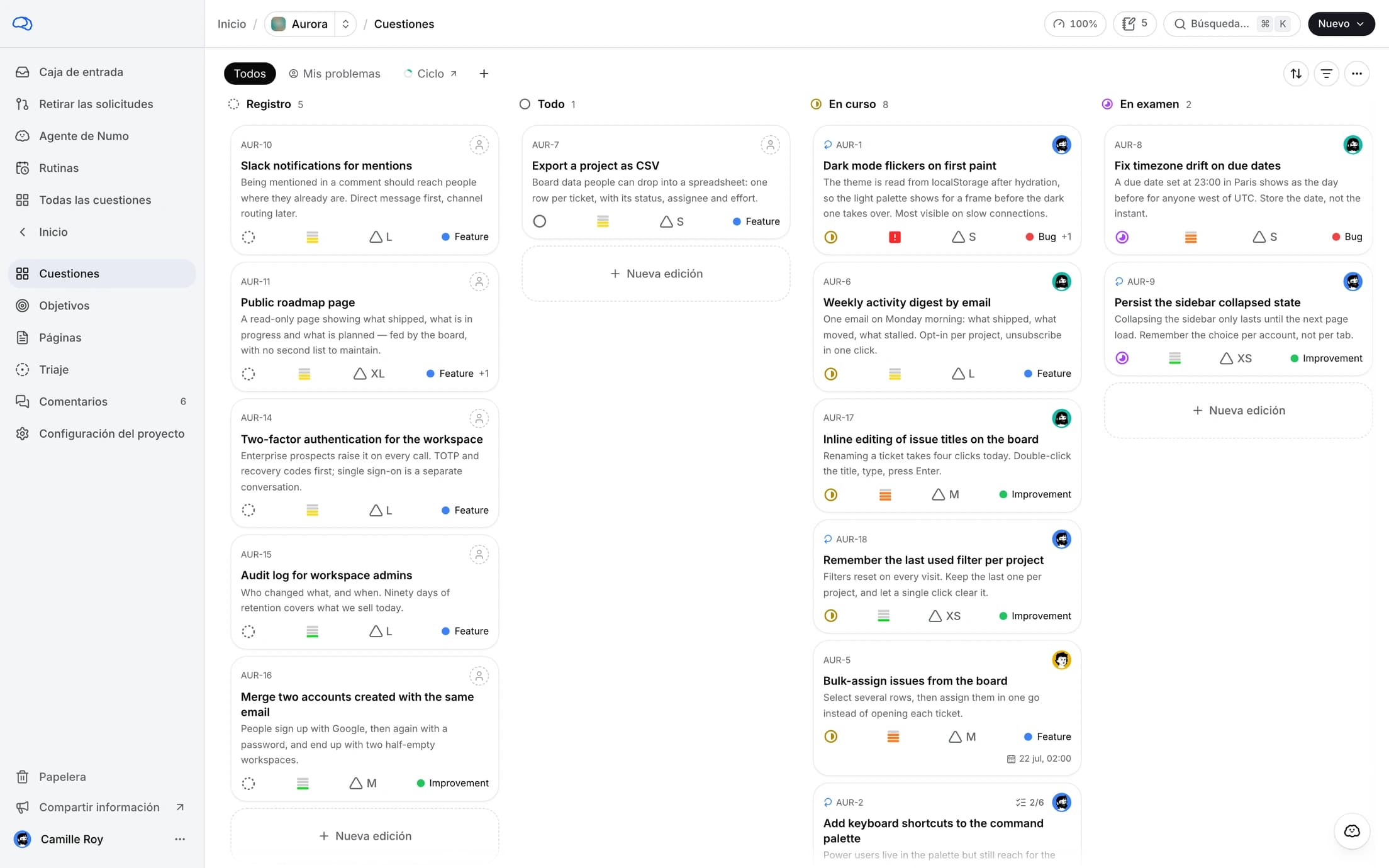 Un tablero de proyecto de minddy: incidencias agrupadas por estado, con prioridades, personas asignadas y un distintivo del agente.