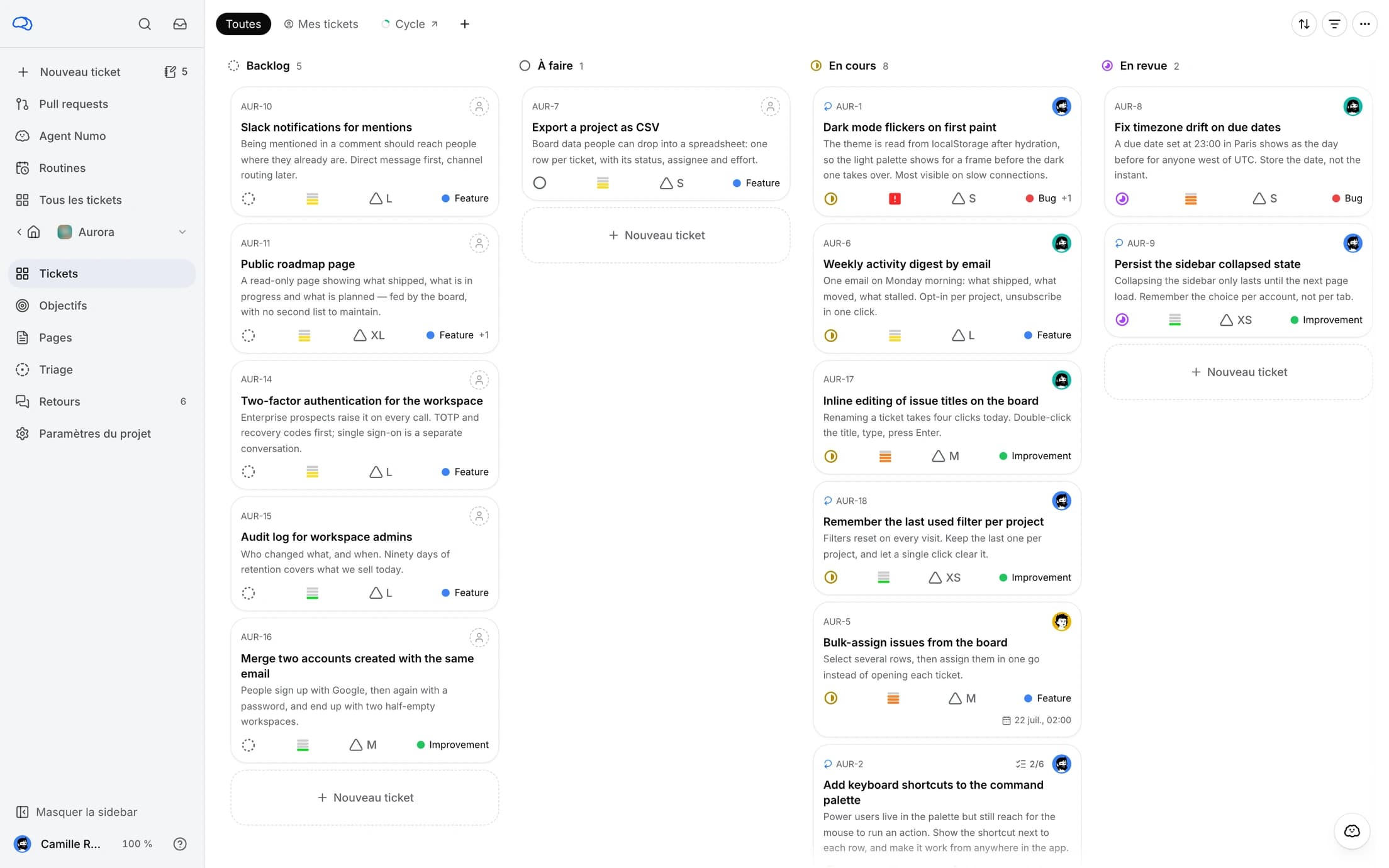 Un tableau de projet minddy avec les tâches regroupées par statut, leurs priorités, leurs responsables et l’activité des agents.