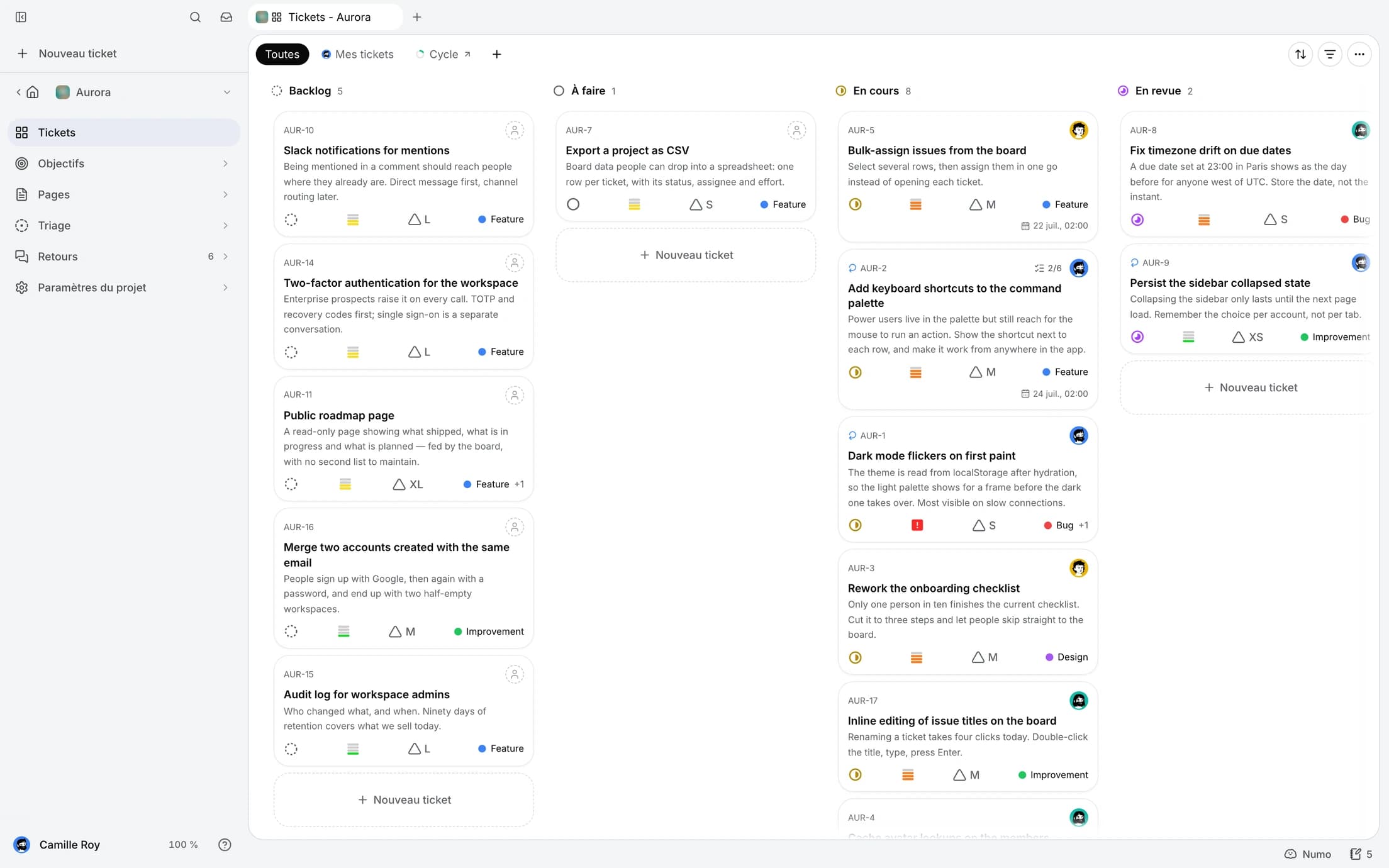 Un tableau de projet minddy avec les tâches regroupées par statut, leurs priorités, leurs responsables et l’activité des agents.