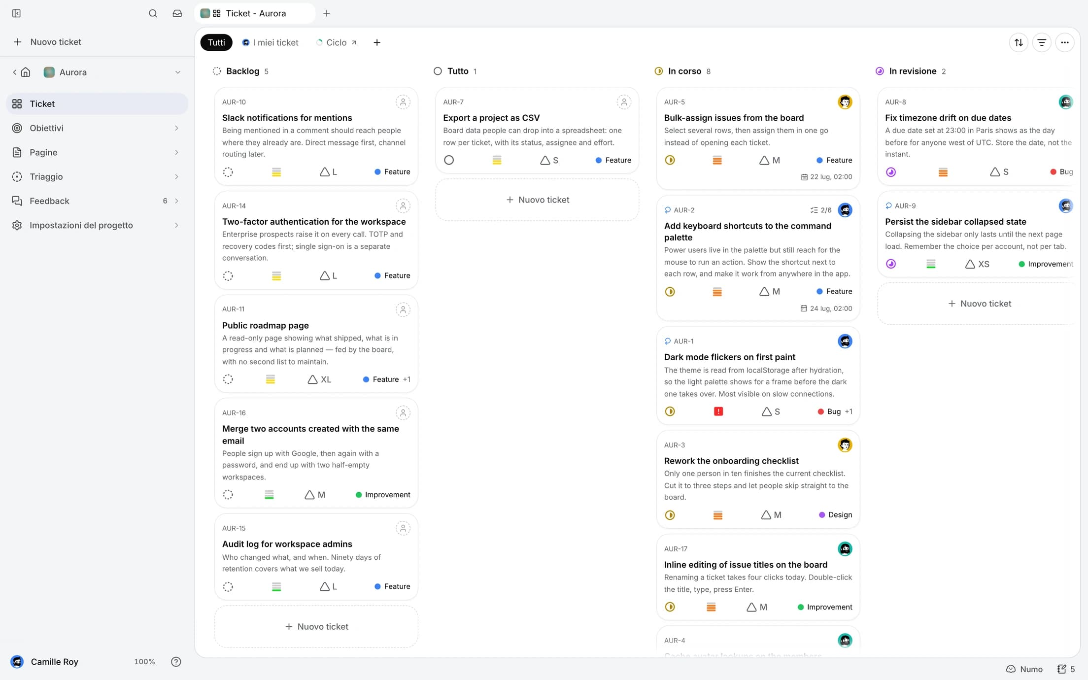 Una bacheca di progetto minddy con attività raggruppate per stato, priorità, assegnatari e attività degli agenti.