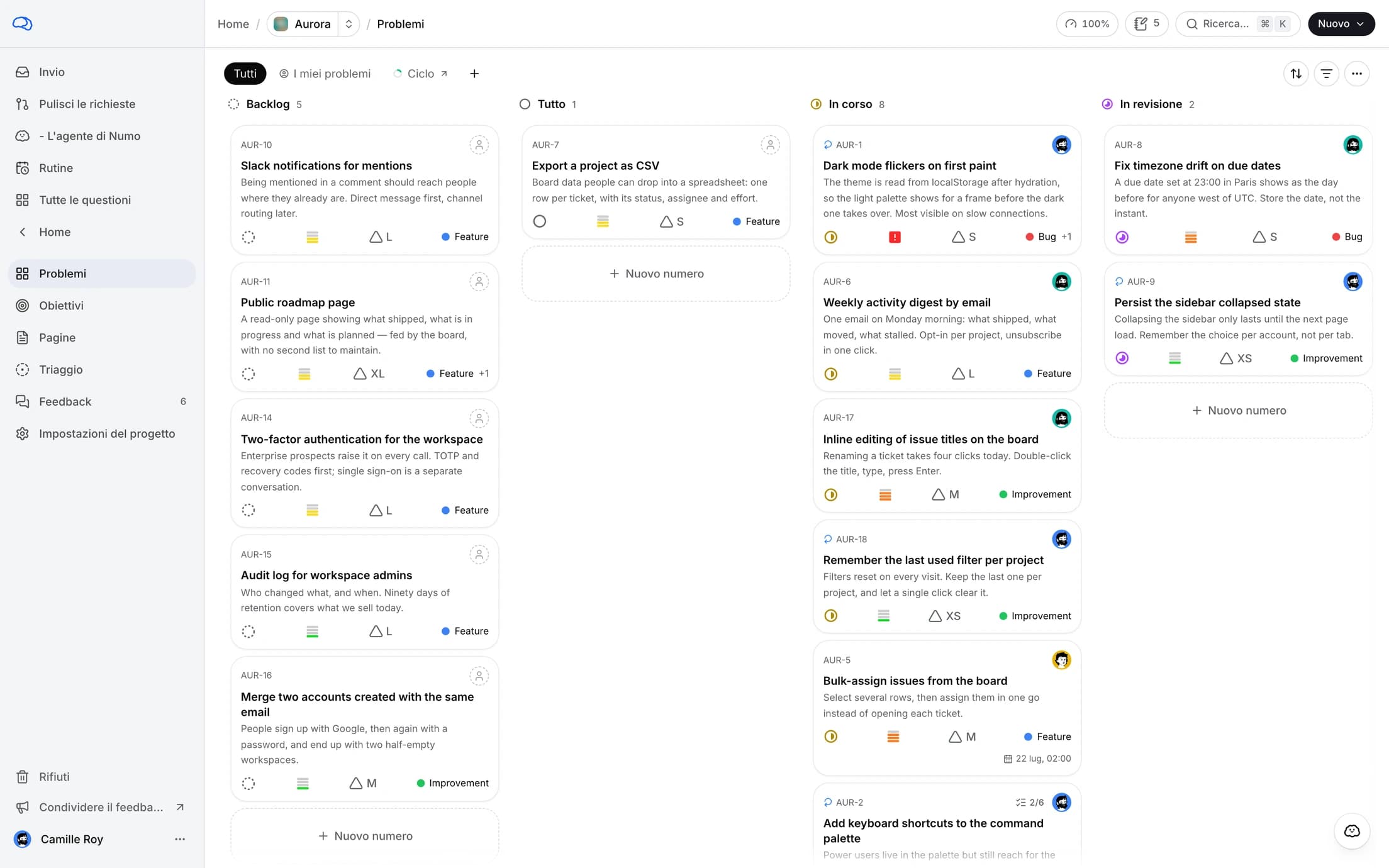 Un progetto di bordo minddy: ticket raggruppati per stato, con priorità, assegnatari e un badge di agente.