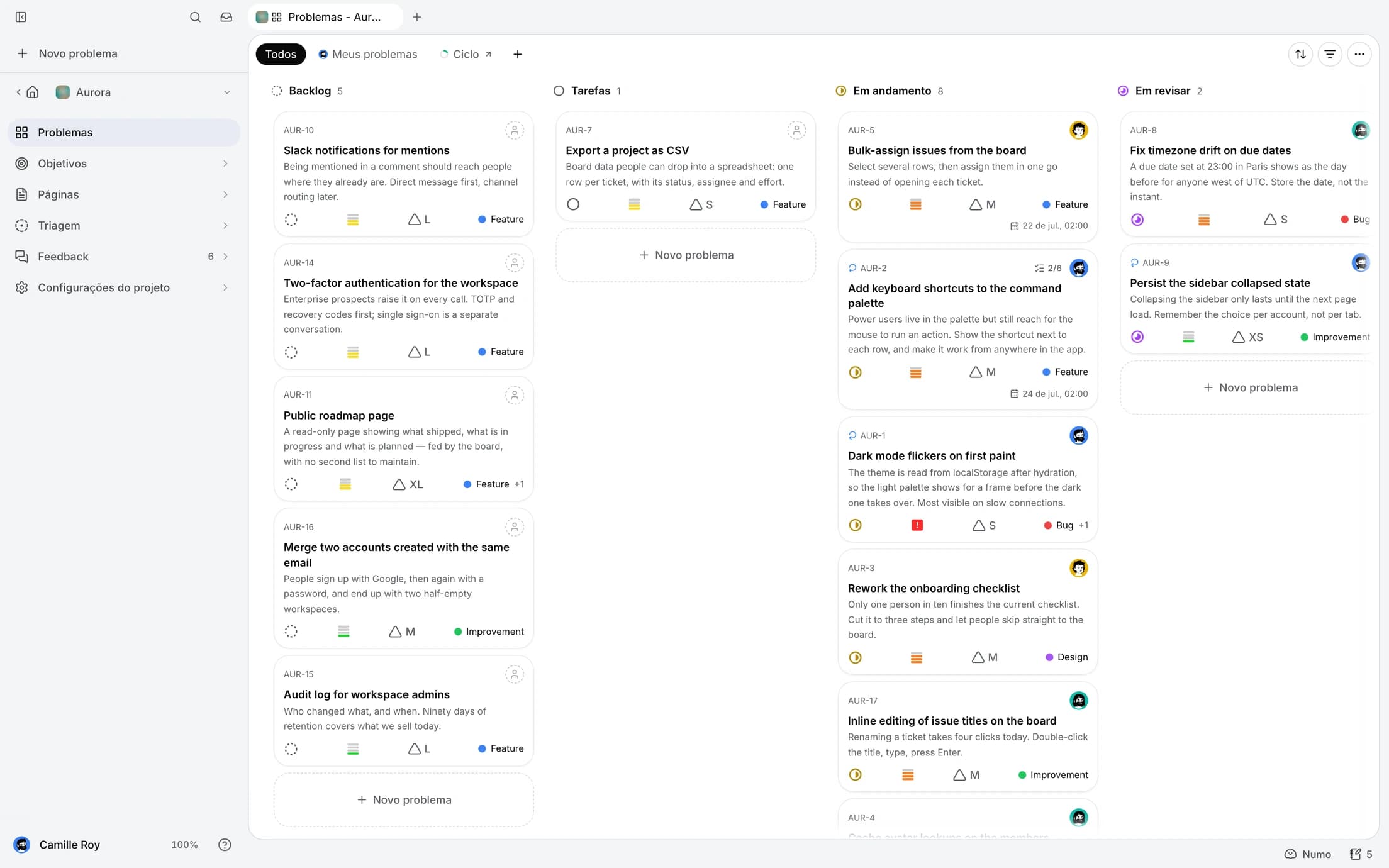 Um quadro de projeto minddy com tarefas agrupadas por status, prioridades, responsáveis e atividade dos agentes.