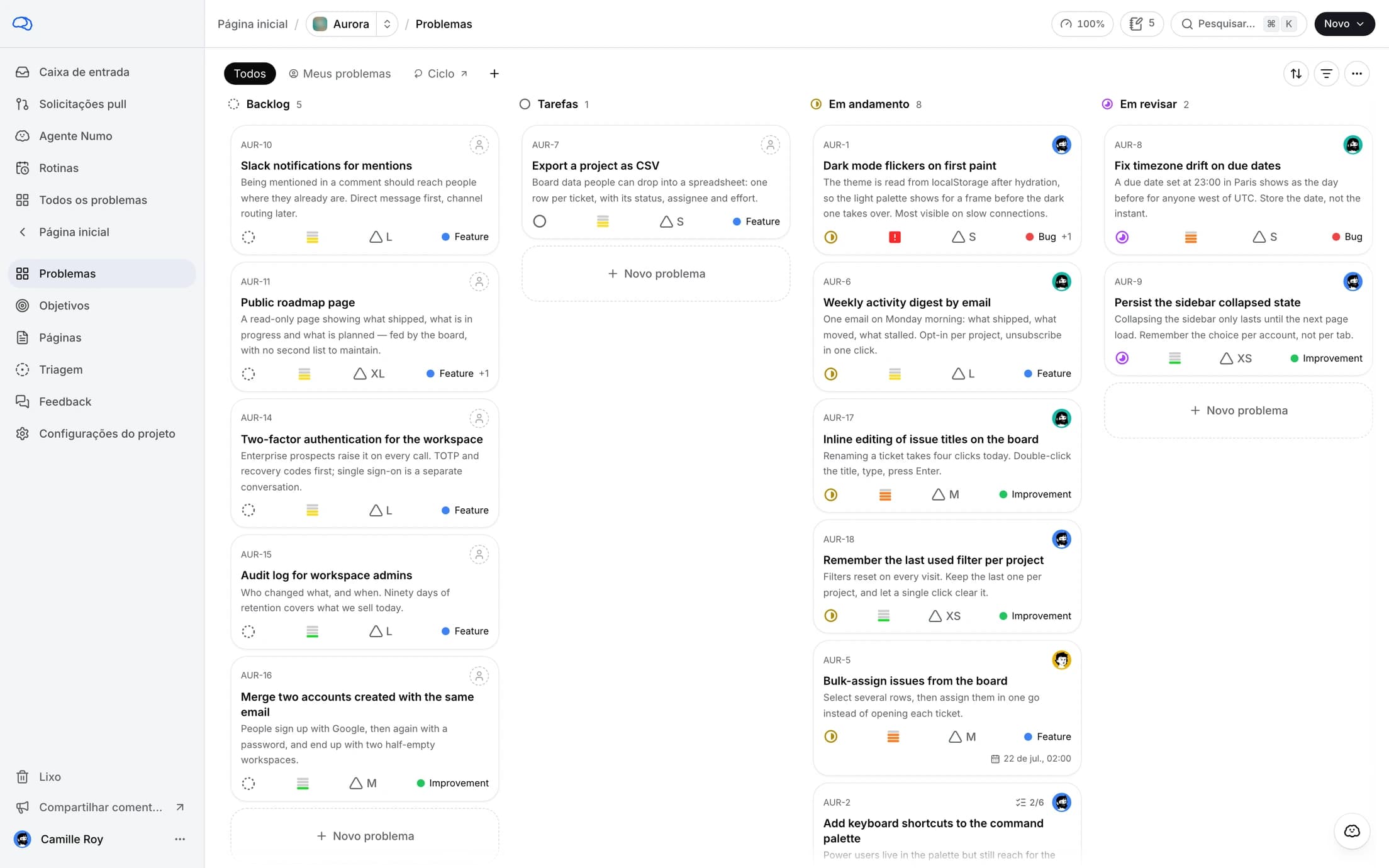 Um quadro de projeto minddy: problemas agrupados por status, com prioridades, responsáveis e um crachá do agente.
