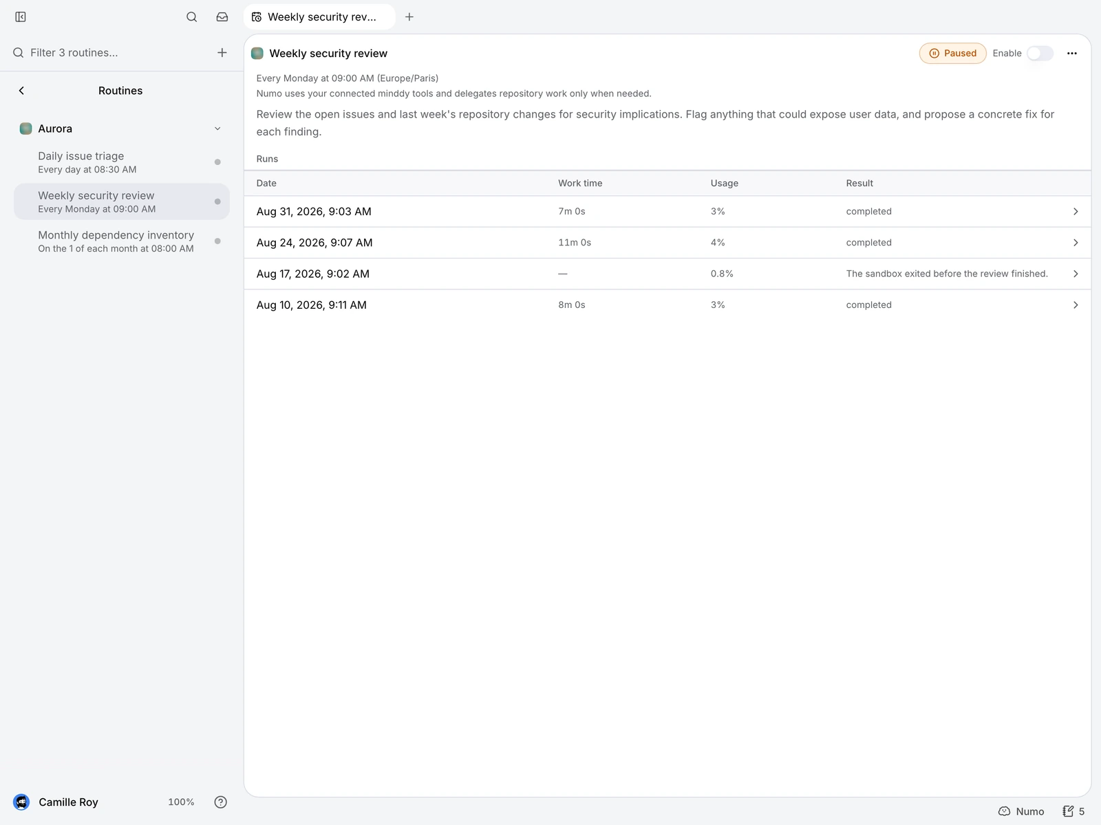 The Routines page showing scheduled Numo requests and their results.