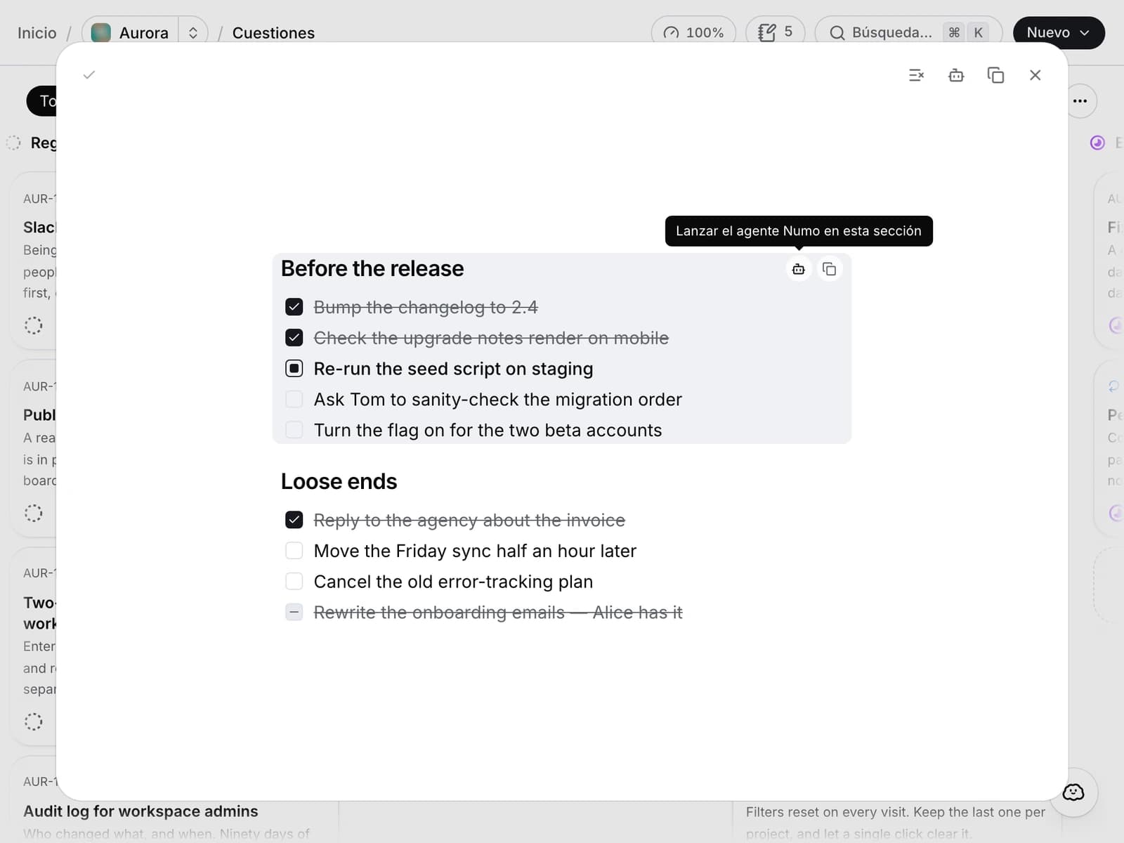 La ventana de notas, con secciones de tareas terminadas y pendientes.