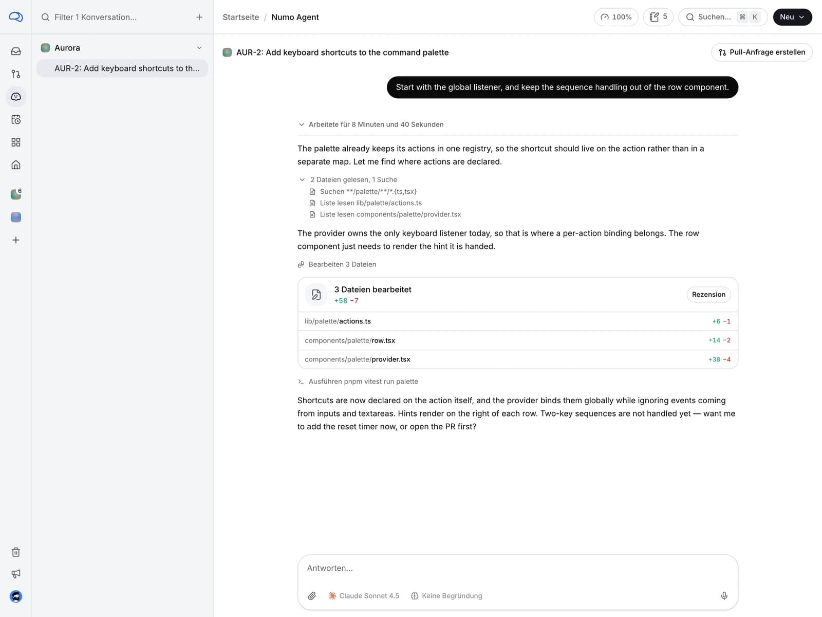 Ein laufender Agent, der seine Tool-Aufrufe und den Vorgang anzeigt, an dem er arbeitet.