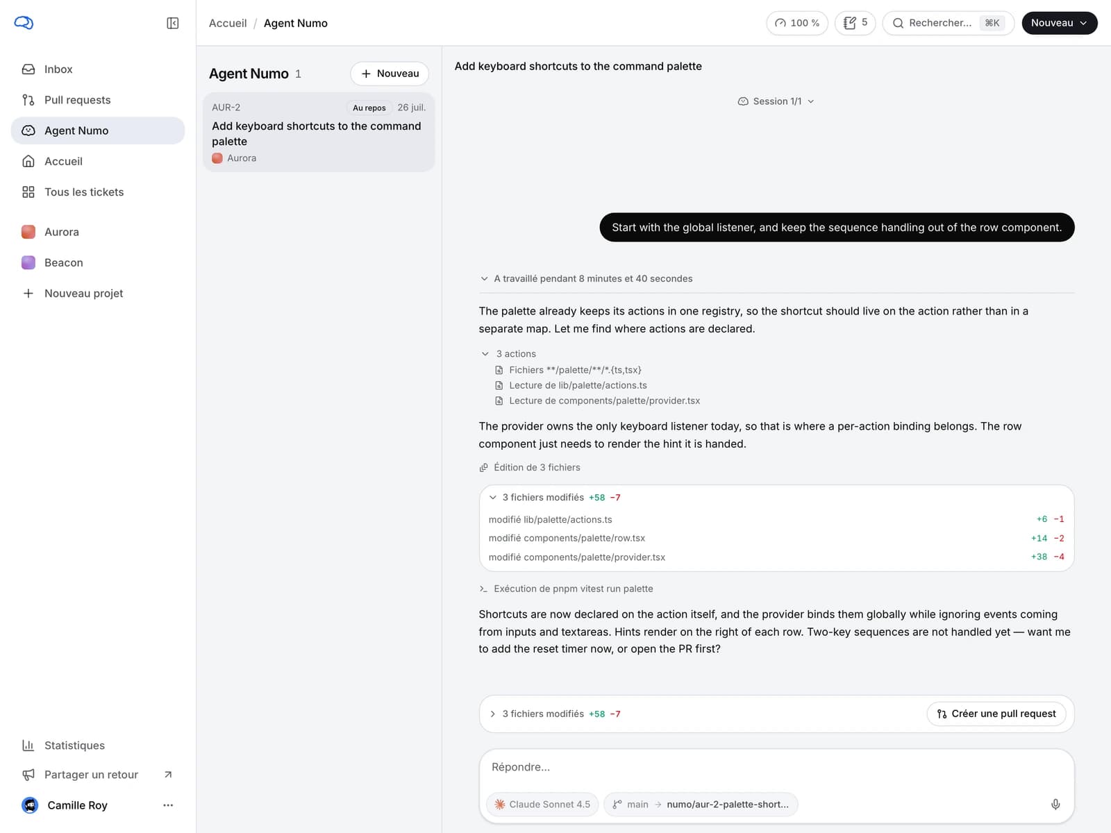 Un agent en cours d'exécution, ses appels d'outils et le ticket sur lequel il travaille.