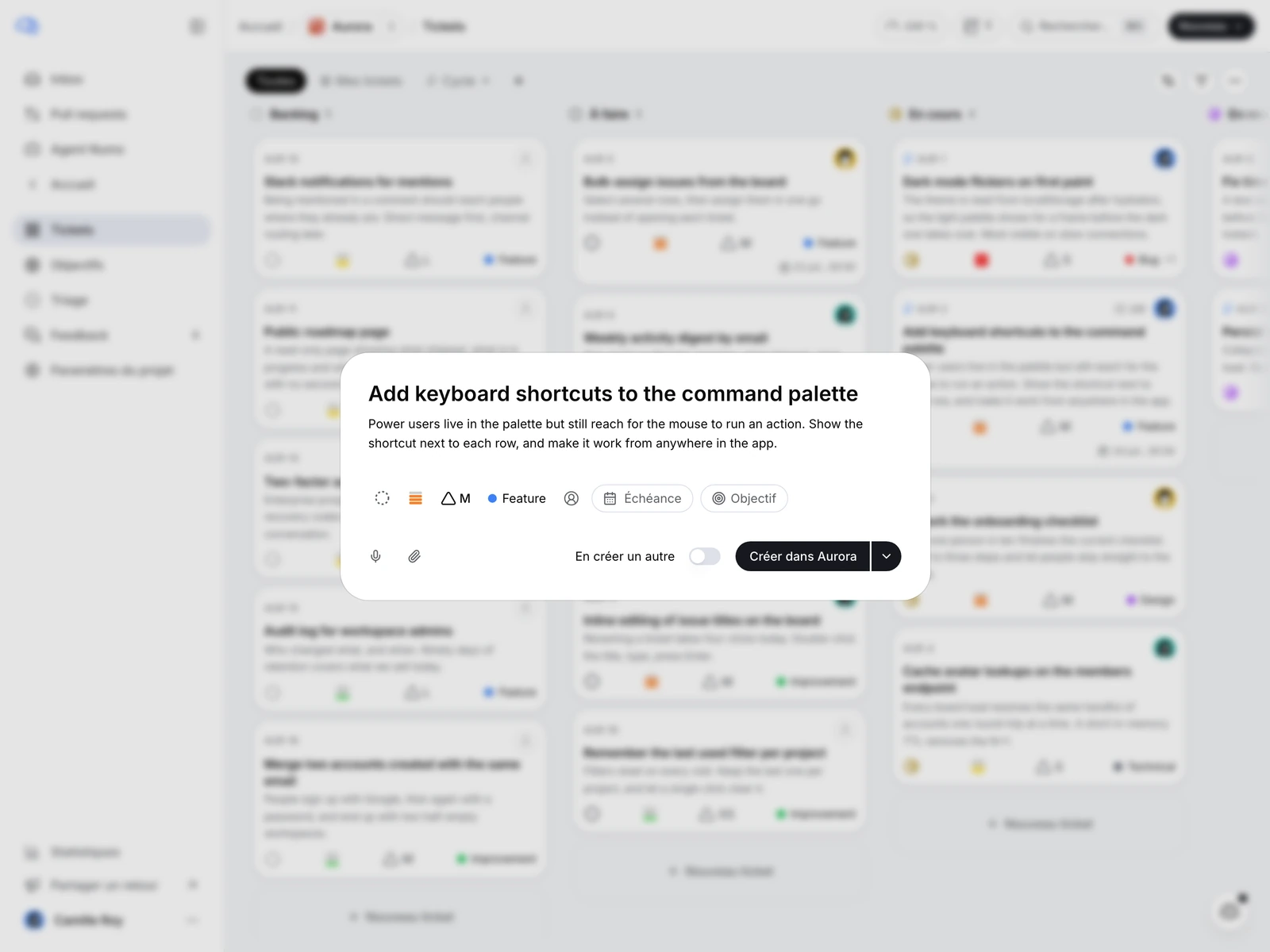 La fenêtre de création de ticket, avec un titre, une courte description et trois propriétés.