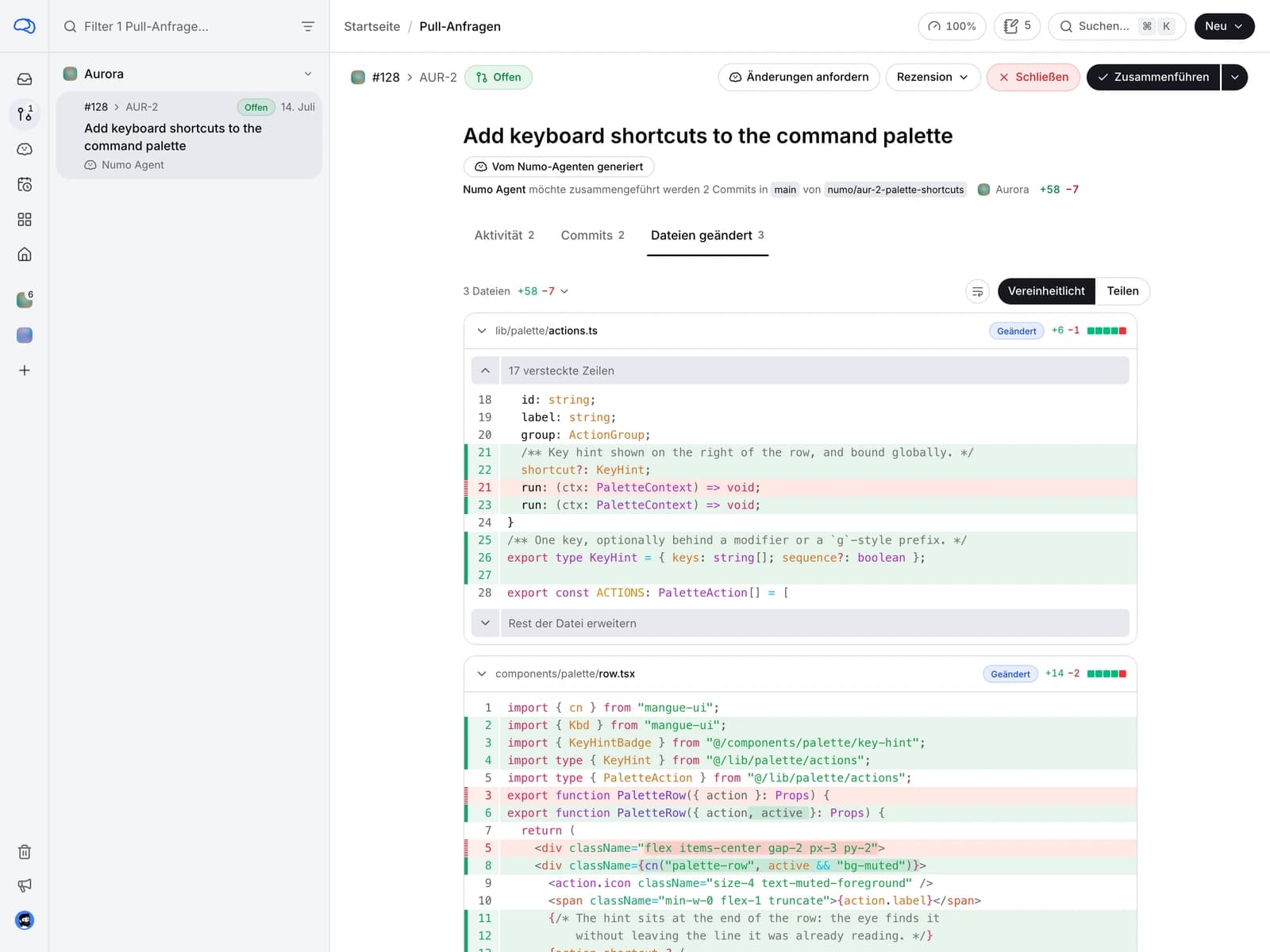 Die Seite „Pull Requests“, auf der die Änderungen des Agenten Datei für Datei angezeigt werden.