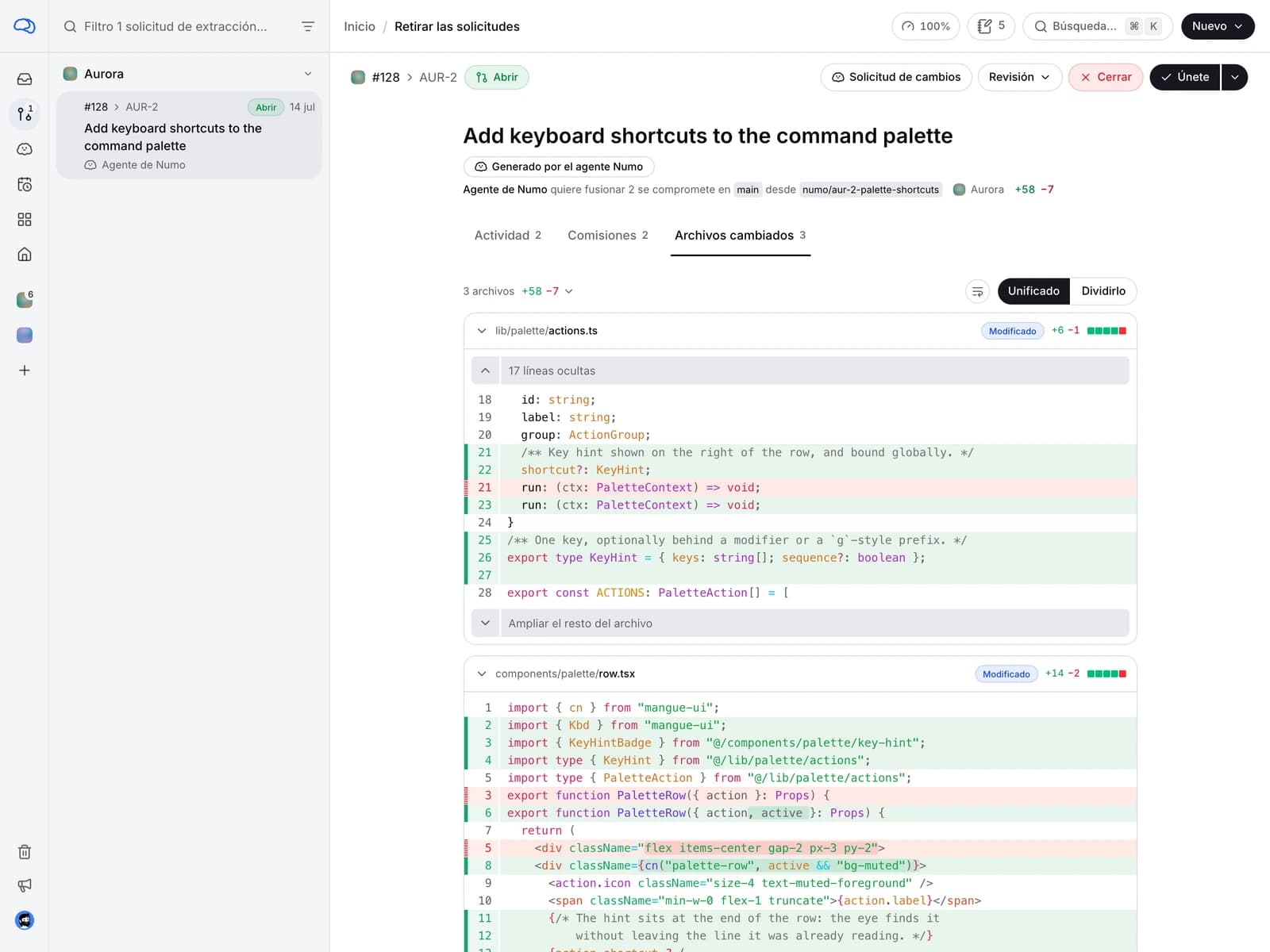 La página de pull requests, con los cambios del agente mostrados archivo por archivo.