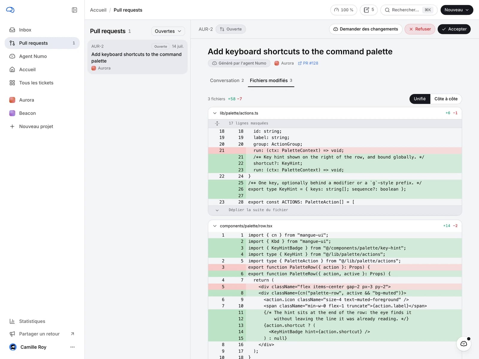 La page des pull requests, avec les modifications de l'agent présentées fichier par fichier.