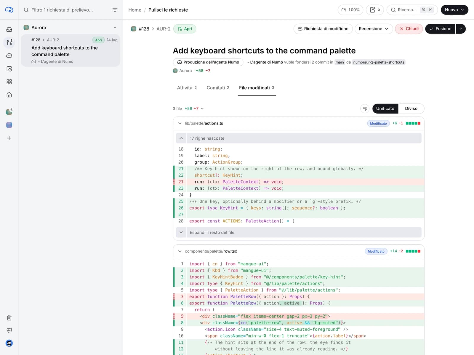 La pagina delle richieste di estrazione, con le modifiche dell'agente mostrate file per file.
