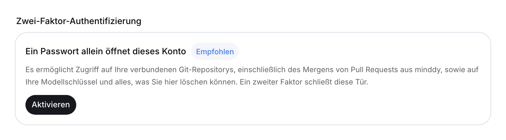 Karte zur Zwei-Faktor-Authentifizierung mit Aktivieren-Schaltfläche.