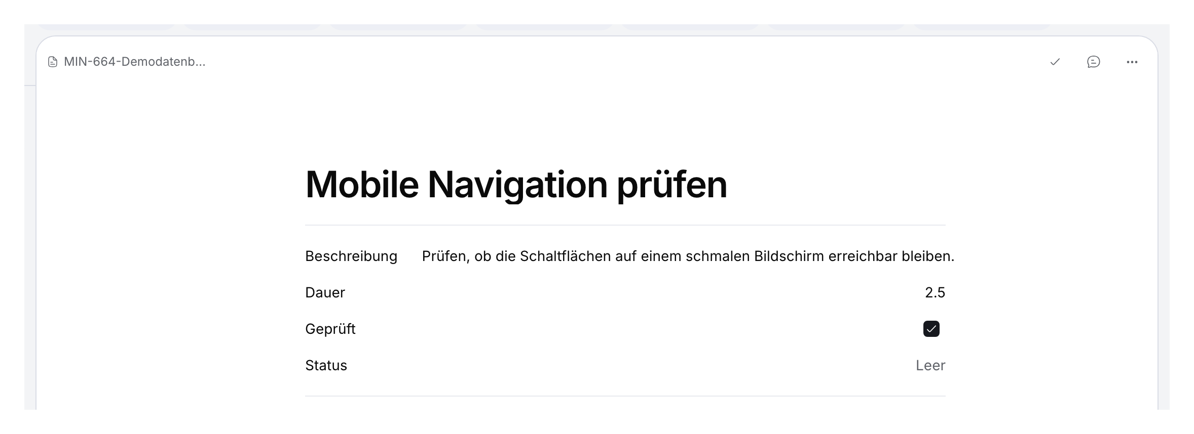 Demoeintrag mit Beschreibung, Dauer 2.5, aktiviertem Kontrollkästchen und leerer Auswahl.