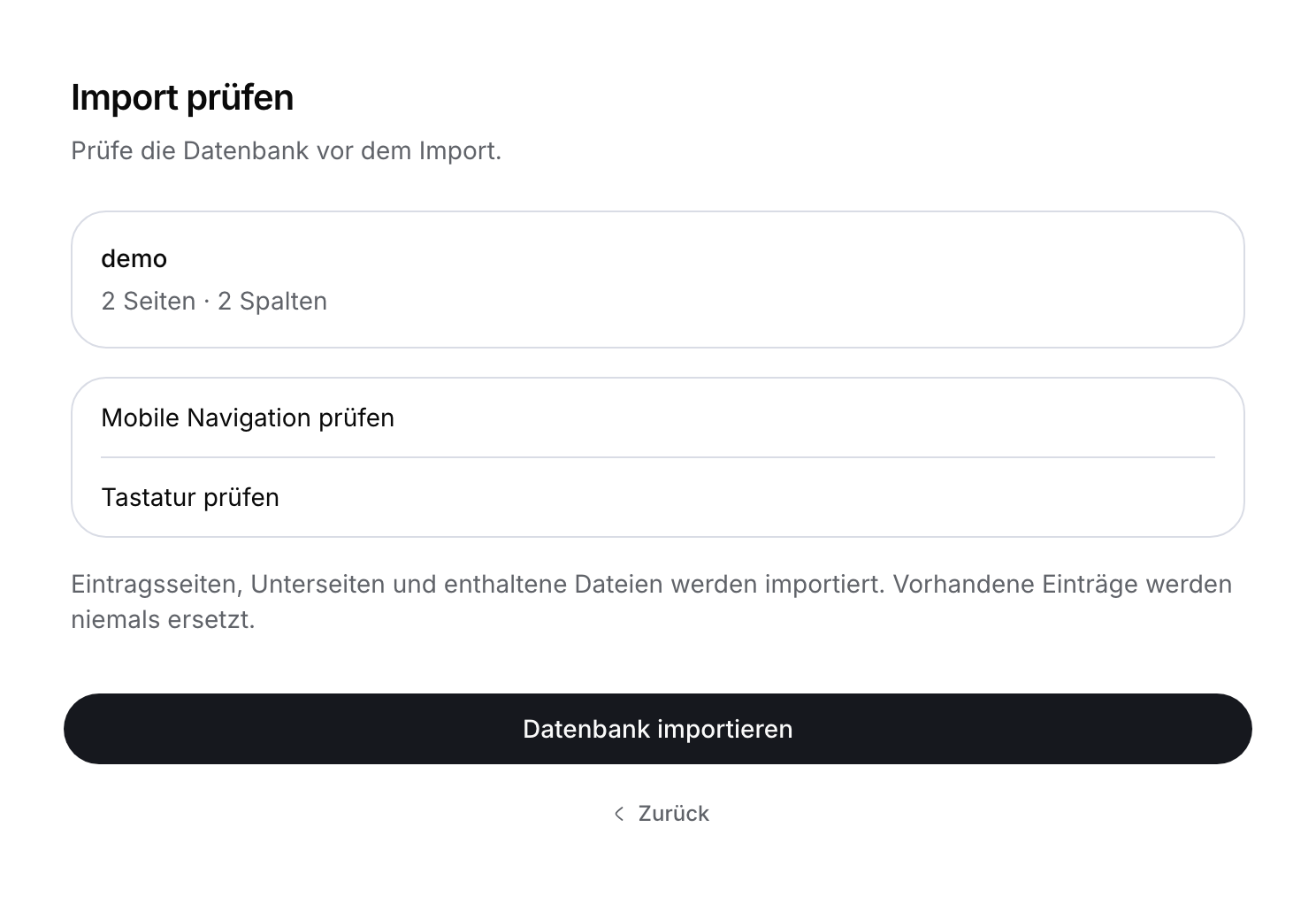 Importprüfung einer lokalen CSV-Datei: zwei Eintragsseiten und zwei Eigenschaftsspalten mit der Importschaltfläche.