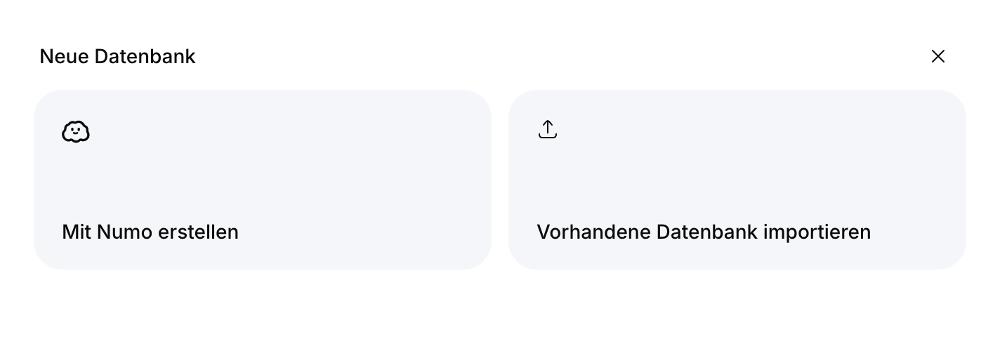 Komponentenvorschau der Karten zur Einrichtung einer neuen Datenbank mit Numo oder zum Import einer vorhandenen Datenbank.