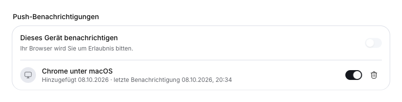 Aktives, für das Konto registriertes Browser-Gerät mit dem tatsächlichen Datum des letzten Versands.