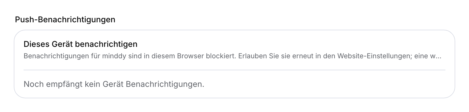 Push-Einstellungen mit gesperrter Browserberechtigung und ohne registriertes Gerät.