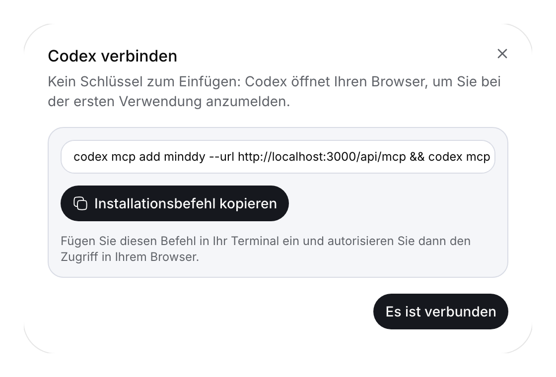Codex-Installationsdialog mit dem Endpunkt von minddy Cloud.