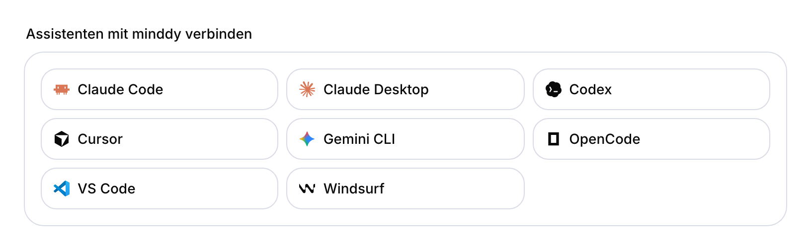 minddy-MCP-Clientauswahl mit Claude, Codex und weiteren Assistenten.