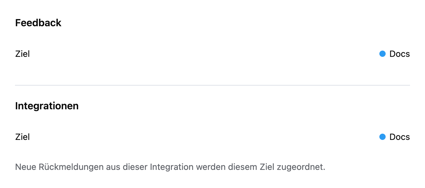 Komponentenvorschau der Zielauswahl für Feedback und einer Feedback-Integration, beide auf Docs eingestellt.