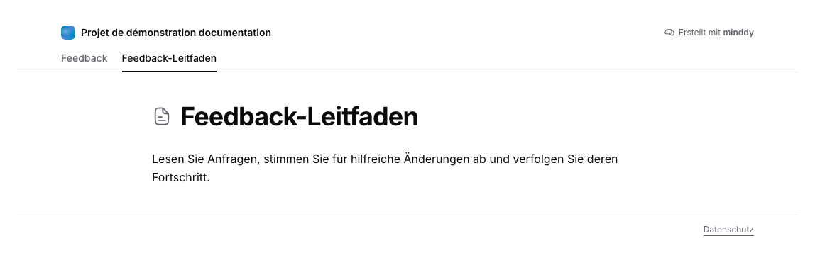 Veröffentlichter Feedback-Leitfaden als ausgewählter Board-Tab, ohne Anmeldung lesbar.