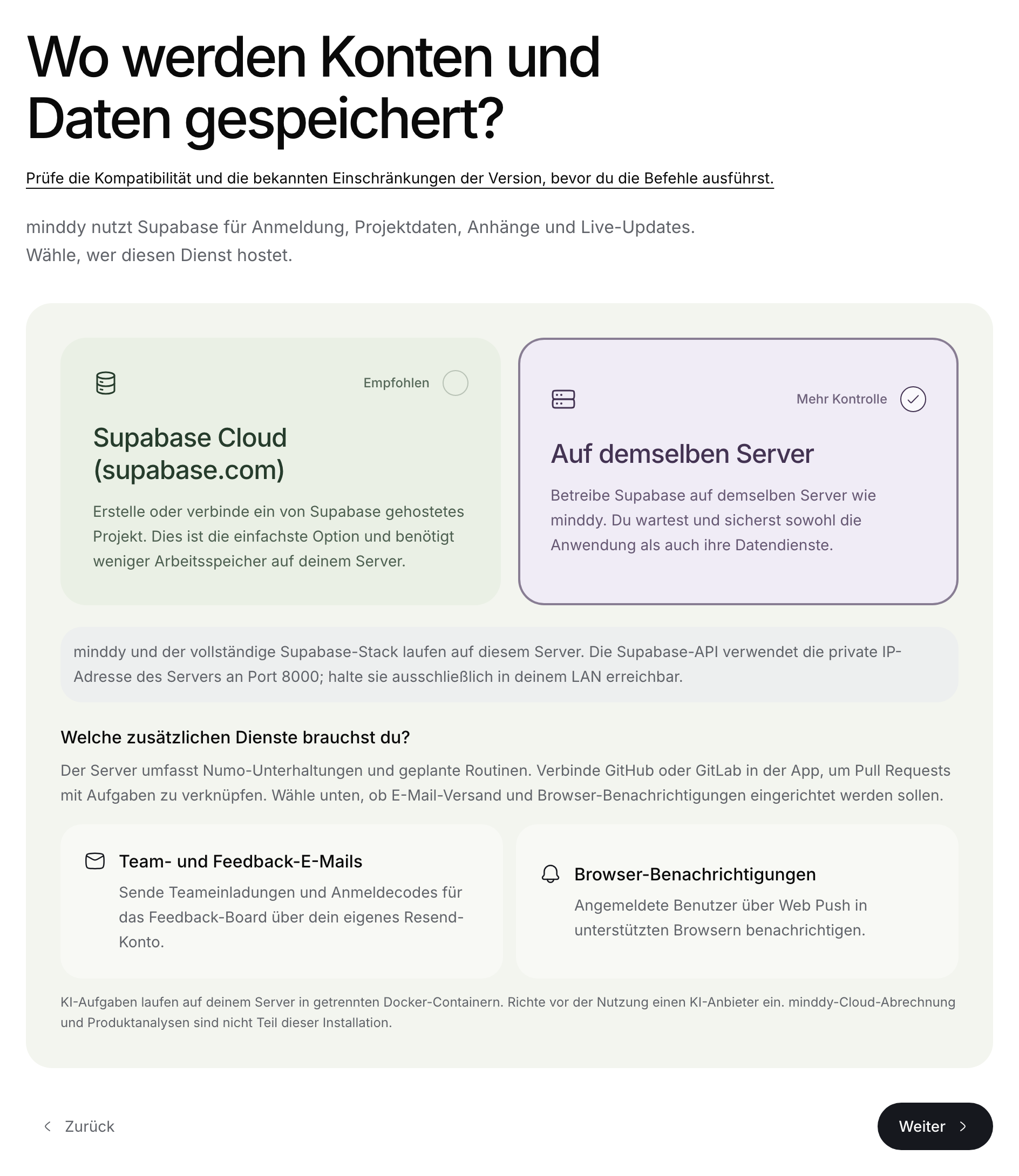 Öffentlicher Installationsassistent mit ausgewähltem Supabase auf demselben Server.