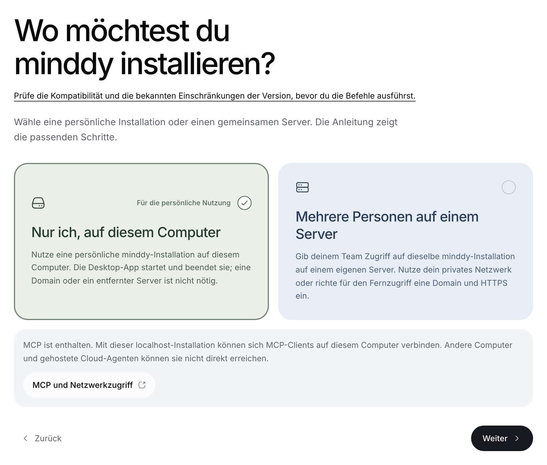 Öffentlicher Installationsassistent mit ausgewähltem Profil für diesen Computer.