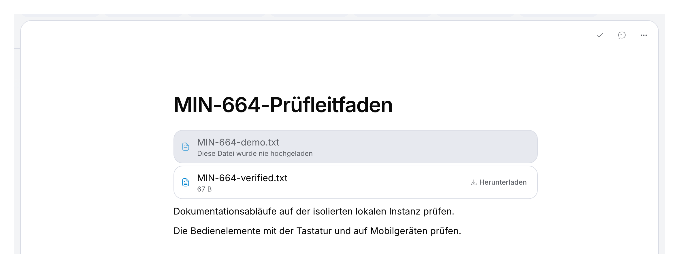 Demoseite mit einem unvollständigen Upload und einer gespeicherten Datei von 67 Byte mit Downloadfunktion.