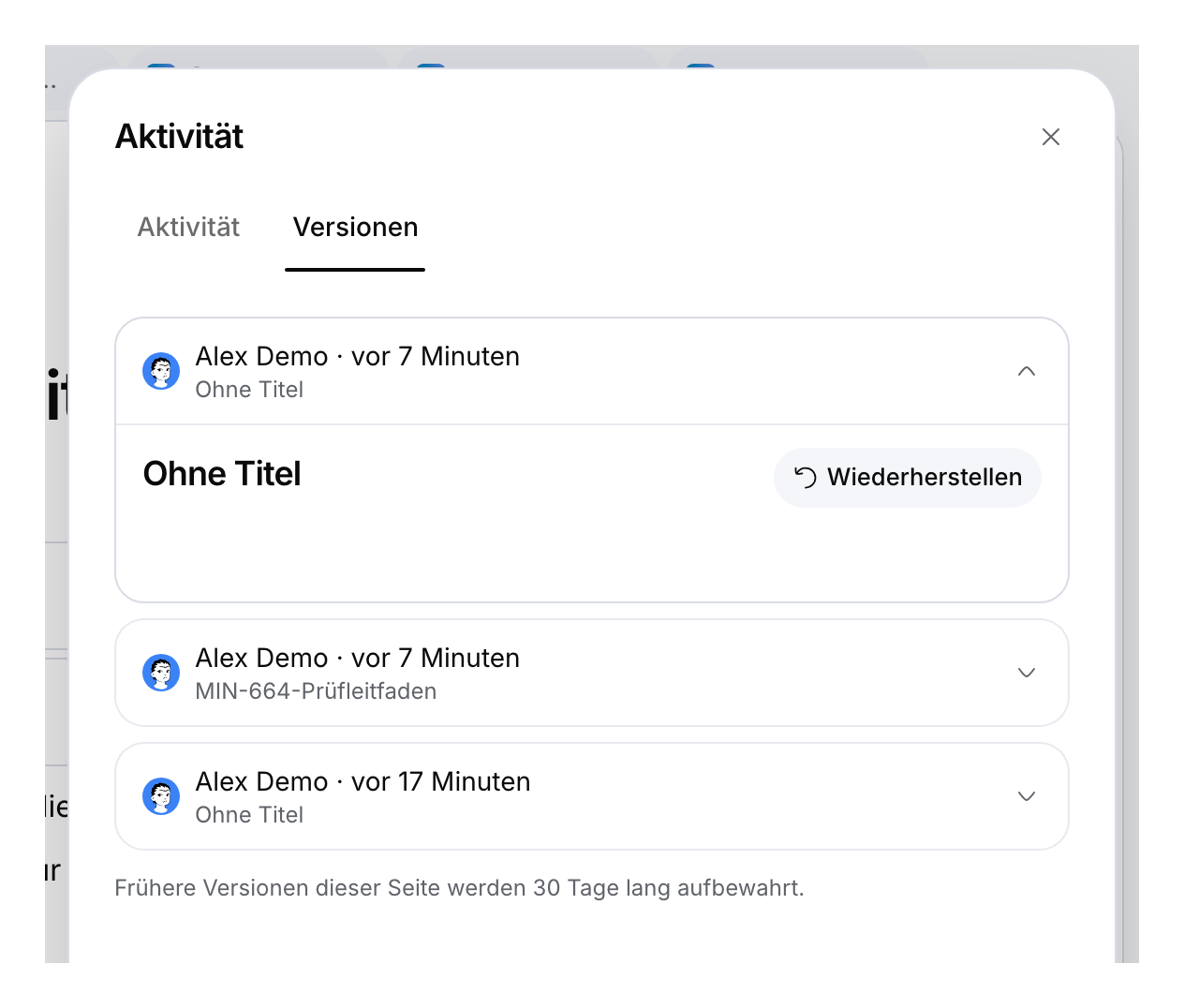 Versionen-Tab mit aufgeklapptem früherem Zustand, Autor, Wiederherstellen und Hinweis auf 30 Tage Aufbewahrung.