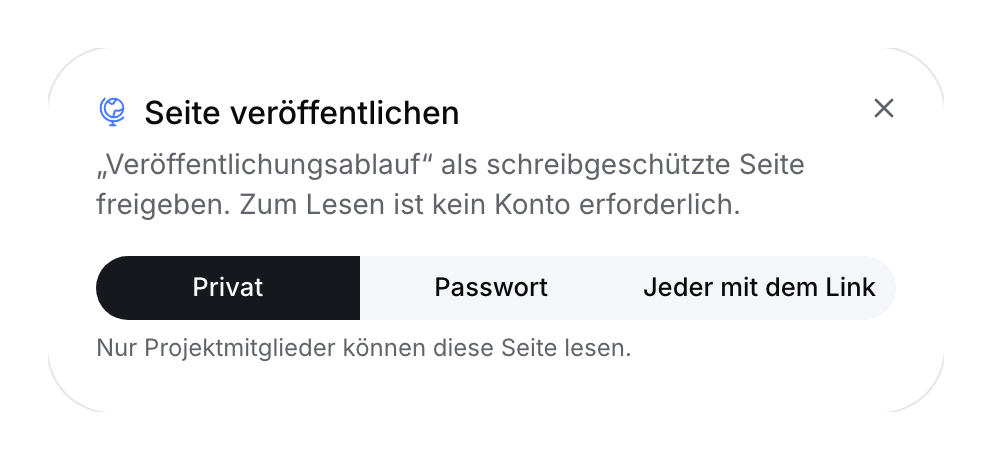 Veröffentlichungsdialog mit ausgewähltem Privat und Alternativen für Passwort oder Link.